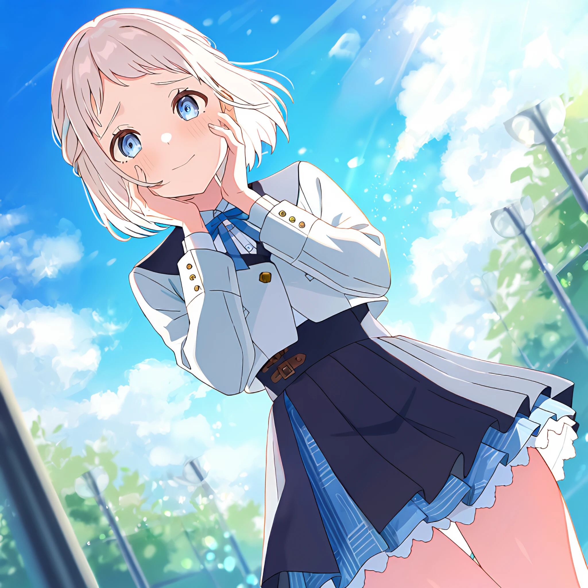 1girl, liljakatsuragi2, solo, rinahim3 neck ribbon, collared shirt, lilksusch3 blazer, lilksusch3 skirt, cowboy shot, standing, hands on own face, grin,light blush, looking at viewer,shy,

outdoors, day,blue sky,school, soft lighting,dutch angle,from below,

masterpiece, best quality, newest, absurdres, highres, nsfw,