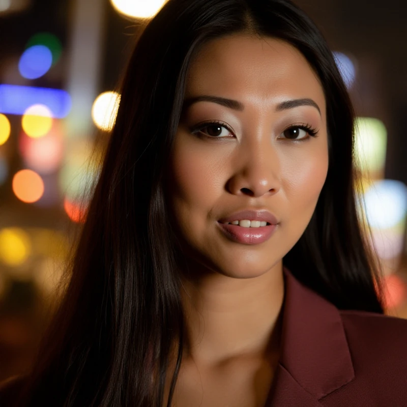 <lora:Sharon_Lee:0.8> sharon lee, long hair.  Closeup face portrait. Chrismas village decoration at night blurry background