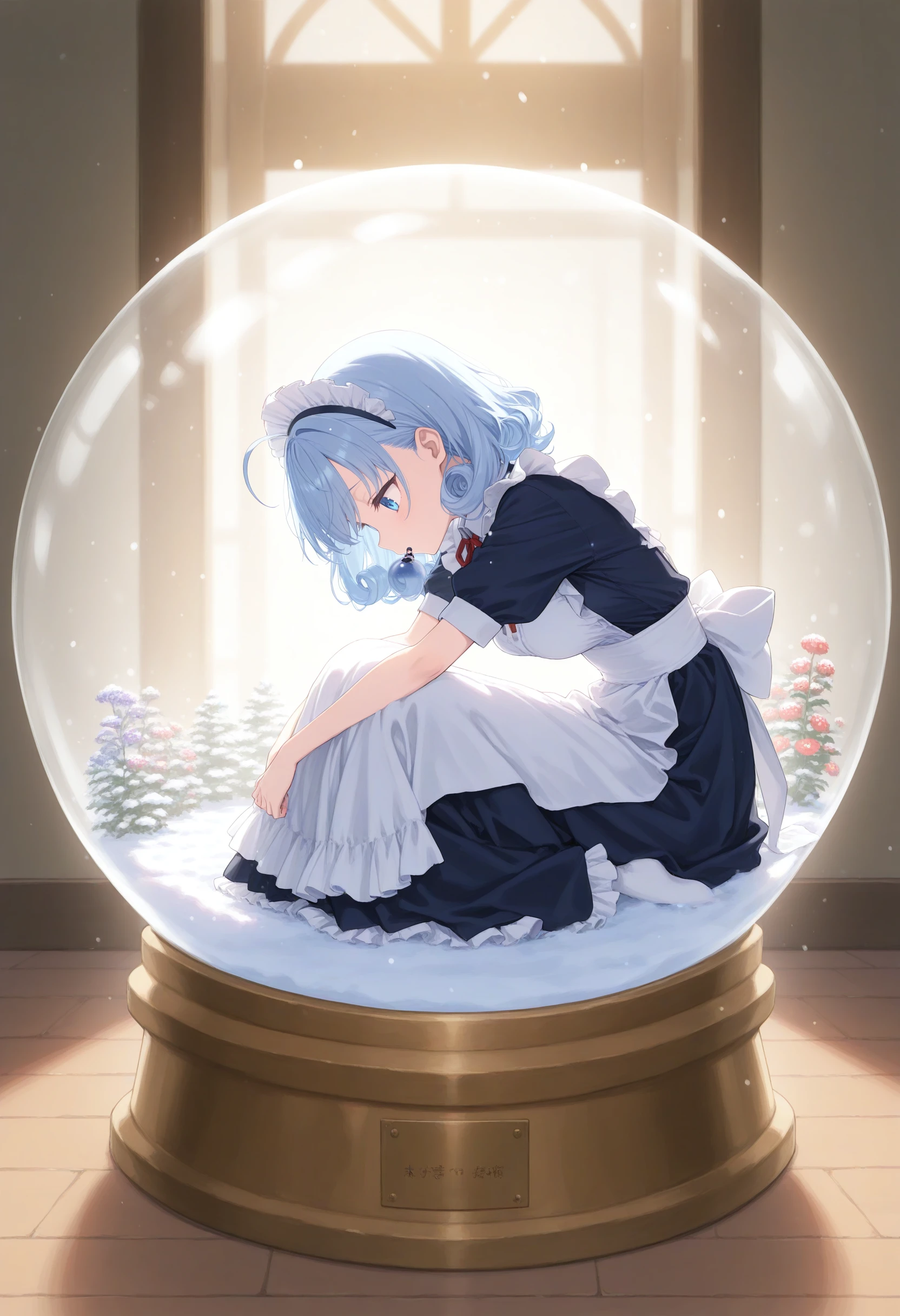 1girl,(sho \(sho lwlw\):0.7),(toosaka asagi:0.5),(sincos:0.3),solo,
masterpiece, best quality, newest, absurdres, CG, anime, source anime, illustration,
maid, maid headdress,medium breasts,
snow globe, sitting, in container, full body, orb, minigirl, light particles, snowing, snow,<lora:snowglobe_Illust_v1:0.8>
from side, full body, looking down, blue hair, blue eyes,furled brow, flower garden, open mouth, curly hair,