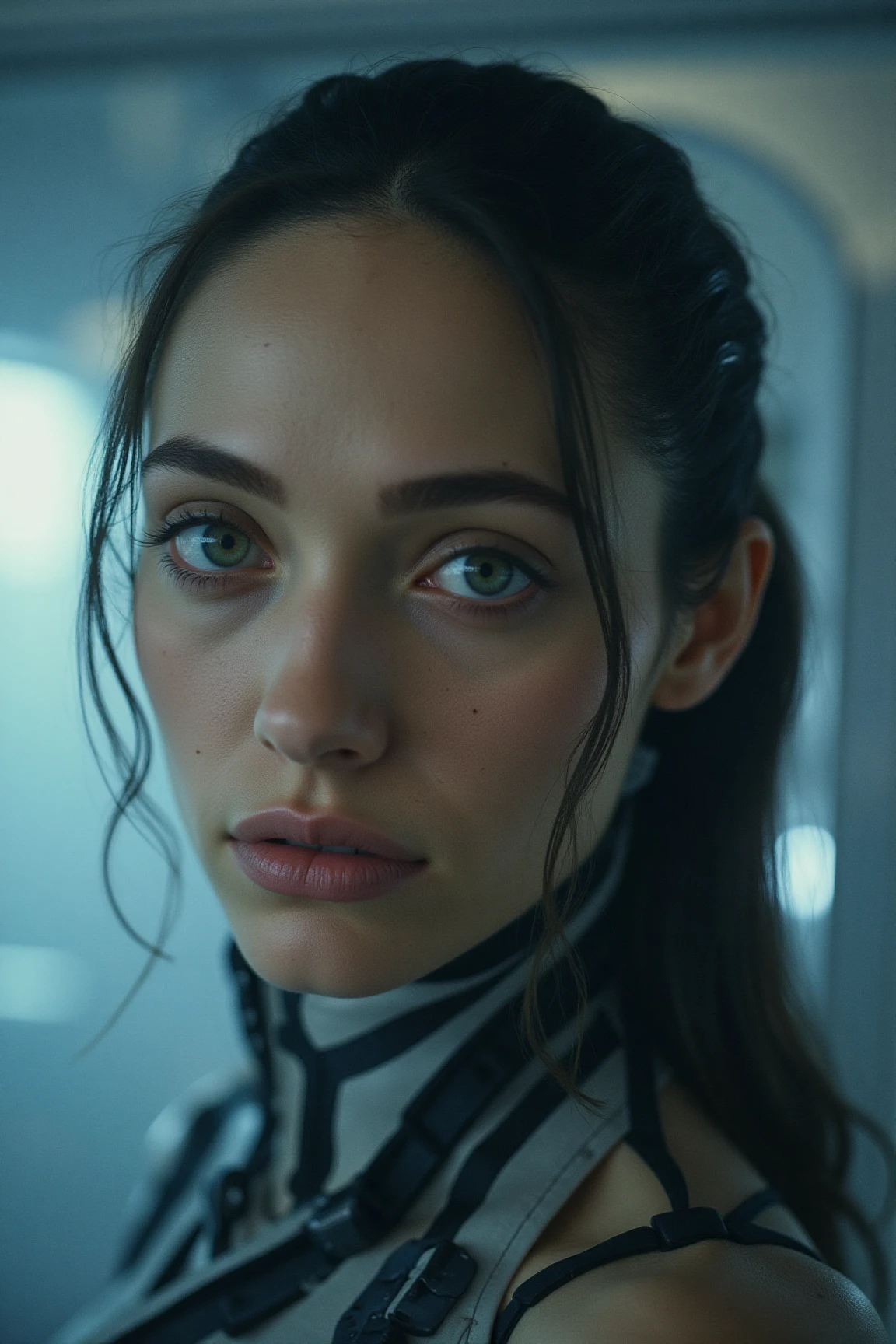 (photo of emmyrflx, a gorgeous woman), (soft even lighting), (futuristic background), ((in a cyborg look)), (proportional), detailed face, detailed eyes, ((medium body portrait)), masterpiece, ((best quality)), (eye contact), looking at the viewer, centred, shot from front, (day time)