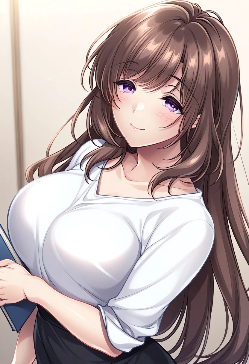 masterpiece, best quality, newest, highres, uncensored, 1girl, Hagino Umi,Brown Hair, Side Tail, Waist Length Hair,Violet Eyes,Big Breasts, Pale, Slim, Young-adult，
1girl,looking at viewer, happy,light smile,standing, upper body, holding a book,, Blouse, Sandals, Skirt, Sports Jersey, T-shirt, necktie, rolled up sleeves, masterpiece, 8k, intricate details, ultra detailed, hyper detailed, ultra detailed hair, ultra detailed face, ultra detailed hair, ultra detailed body