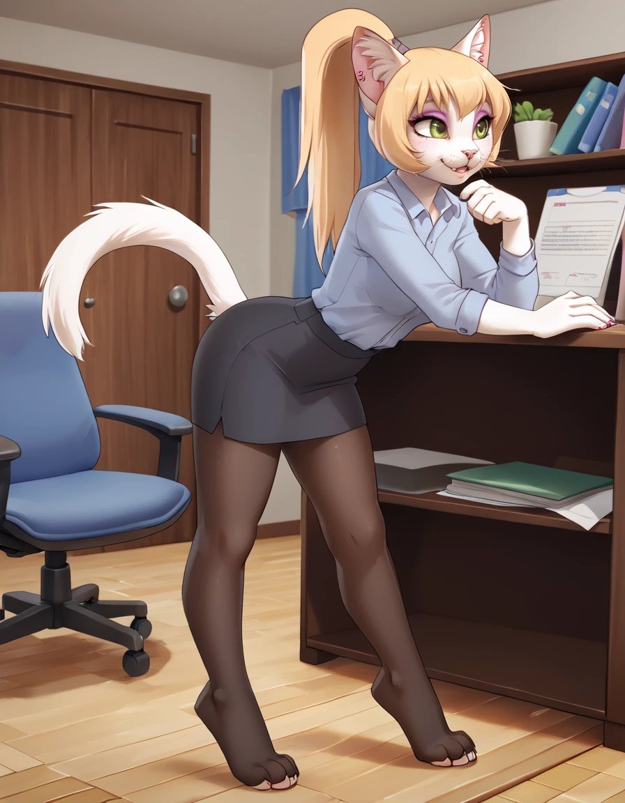 indoors,office,
full body,smile,long eyelashes,parted lips,
office lady,pantyhose,
<lora:Alisa_v01_PDXL:1>,Alisa,1girl,solo,furry female,cat girl,green eyes,eyeshadow,animal ears,long hair,blonde hair,ponytail,cat tail,animal nose,body fur,white fur,snout,whiskers,fangs,