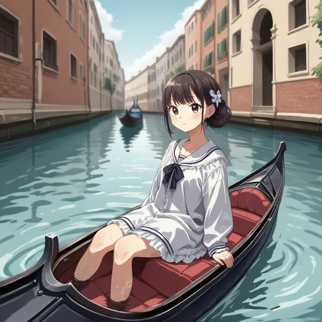 score_9, score_8_up, score_7_up, score_6_up, score_5_up, score_4_up, zPDXL2,source_anime,rating_questionable, 1girl, solo, sitting, looking at viewer, <lora:Gondola:0.8> g0nd0l4, outdoors, water, boat, sitting, venice canal