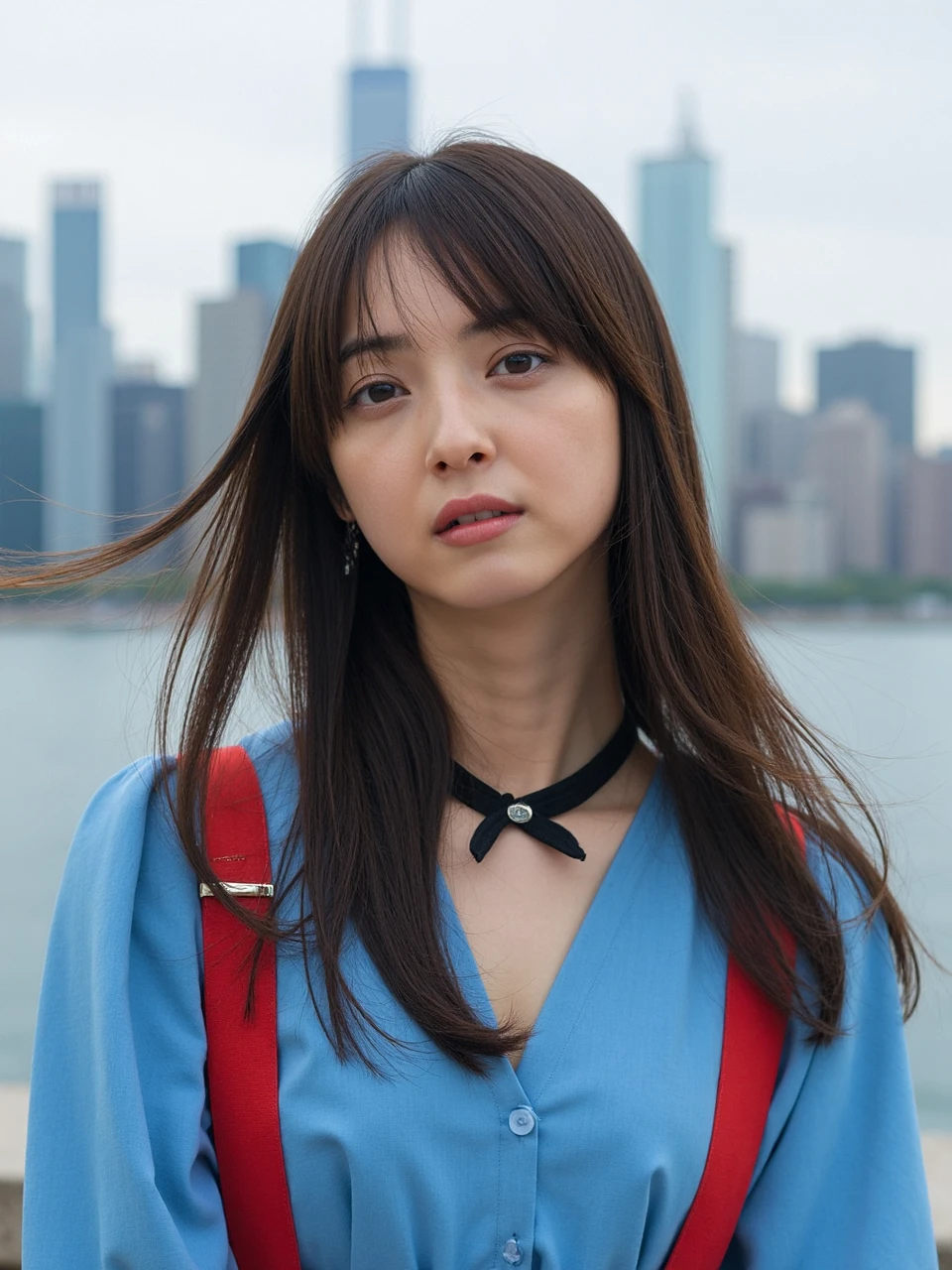 The image is a portrait of a young woman named nozomi with long straight hair with bangs. Her hair fluttered in the wind, messy hair. She is standing in front of a city skyline with tall buildings and a body of water in the background. The woman is wearing a blue blouse with a black choker necklace and red suspenders. She has a serious expression on her face and is looking directly at the camera. The overall mood of the image is serious and contemplative.