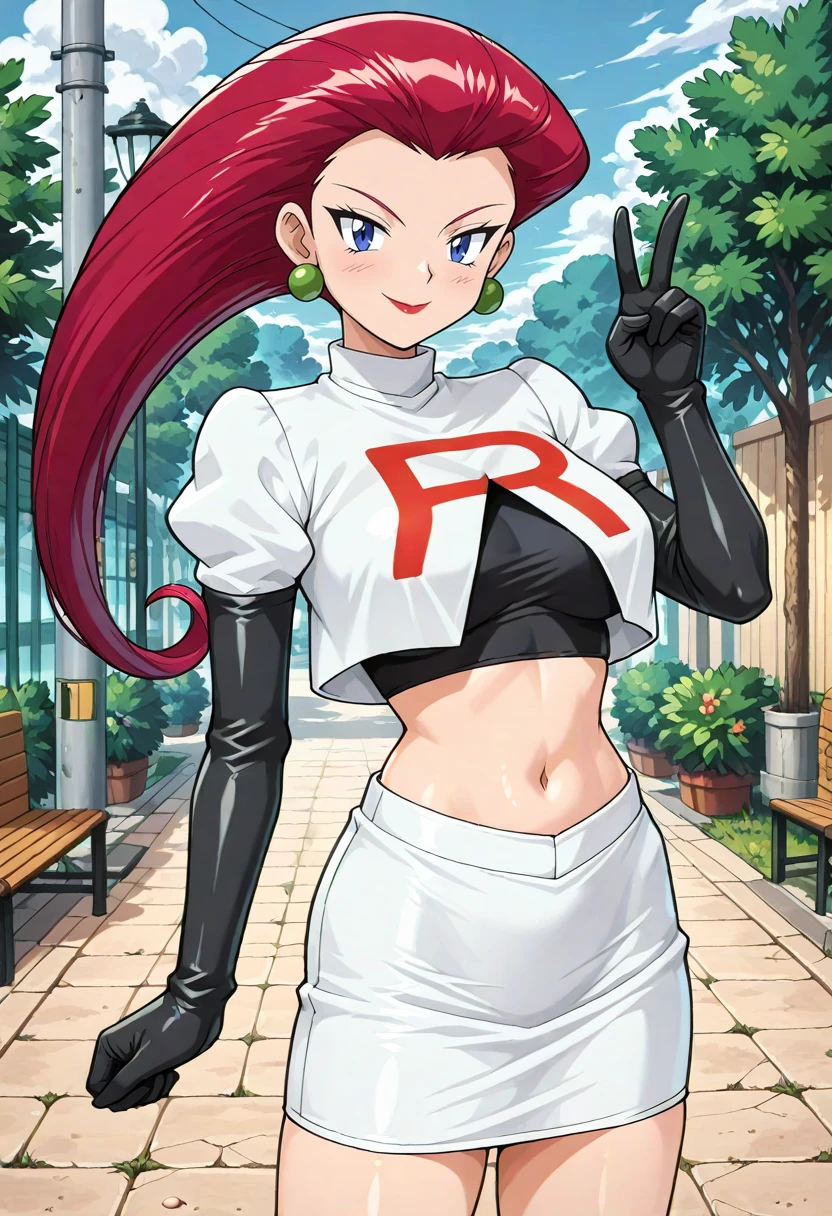 masterpiece, best quality, absurdres, highres, detailed background, <lora:hyperSD8:1>,
 <lora:JESSIE_ILXL:1> 1girl, jessie (pokemon), hair slicked back, long hair, team rocket, NAVEL,miniskirt, V SIGN,