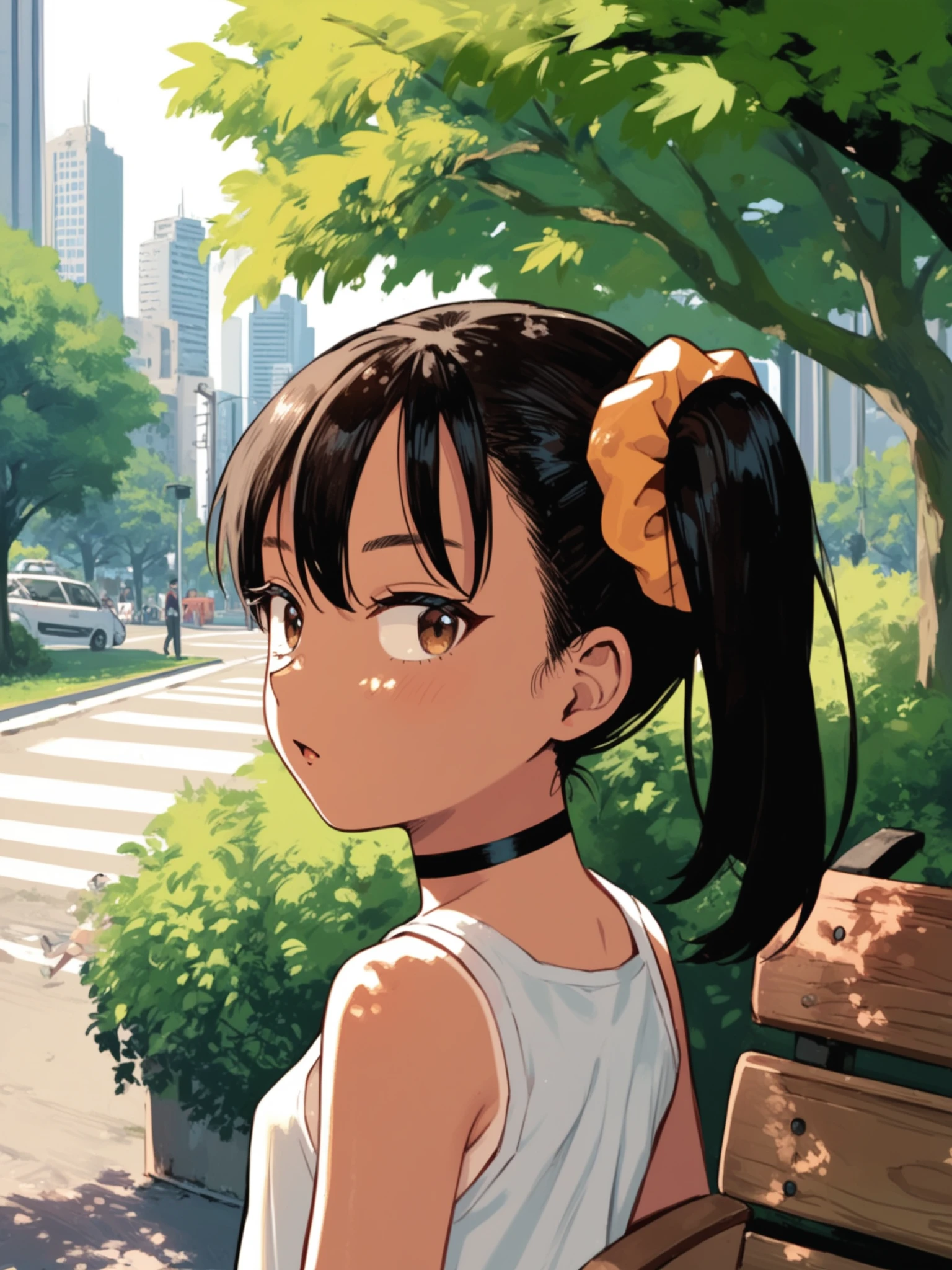 <lora:happy_tentacle-annoakane-v0.1-000010:1>, ht_annoakane, hair scrunchie, choker, tanlines, black hair, brown eyes , raised eyebrows, park, cityscape, bench, tree, bush cowboy shot, (petite:1.2), 1girl, solo focus, (looking away:1.1), sidelighting, (depth of field:0.8), , score_9, score_8_up, score_7_up, score_6_up, score_5_up, score_4_up, rating_safe