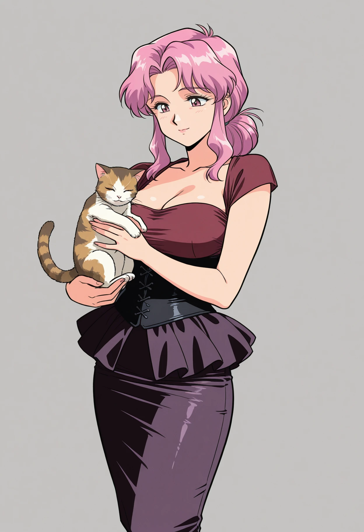 1girl, holding cat, <lora:Outfit_soph-VintagePeplumSuitdress-ILXL:0.85>  mature females, dr3ss, ((wide voluminous peplum)) pencil skirt, corset, standing, 90s anime, retro anime, masterpiece, best quality, very aesthetic