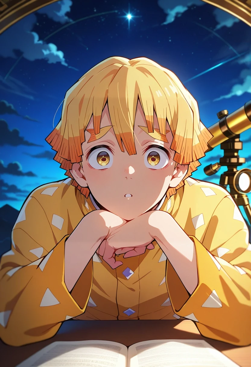 masterpiece, best quality, intricate details, , looking at viewer, depth of field, 1boy, solo, male focus, <lora:zenitsu_agatsuma_ilxl:0.92>, zenitsu_agatsuma, blonde hair, yellow eyes, short hair, bangs, sky observatory, cloud platforms, star maps, telescope arrays, studying pose, fascinated expression, night,