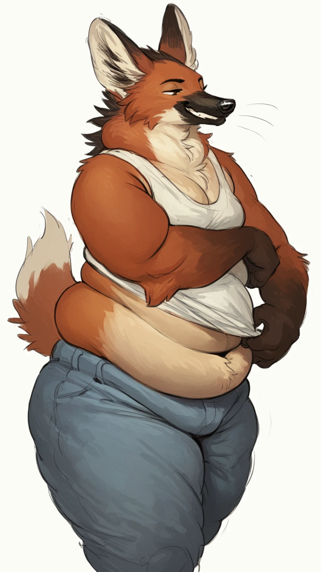 <lora:cettus_artstyle:1> Score_9, score_8_up, score_7_up, score_6_up, source_furry, male, furry male, maned wolf, furry, cettus artstyle, cettus painting, fat, chubby, curvy, big moobs, white background, pants,