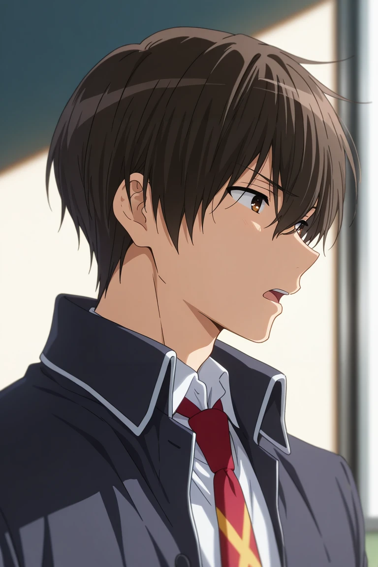 masterpiece, best quality, amazing quality, very aesthetic, high resolution, ultra-detailed, absurdres, newest, scenery, volumetric lighting, depth of field, 1boy, solo, male focus,<lora:seiya:0.78>, seiya kanie, dark brown hair, brown eyes, short hair,open mouth, shirt,black jacket,school uniform,open clothes,open jacket,collared shirt,High collar jacket, necktie, portrait,from side