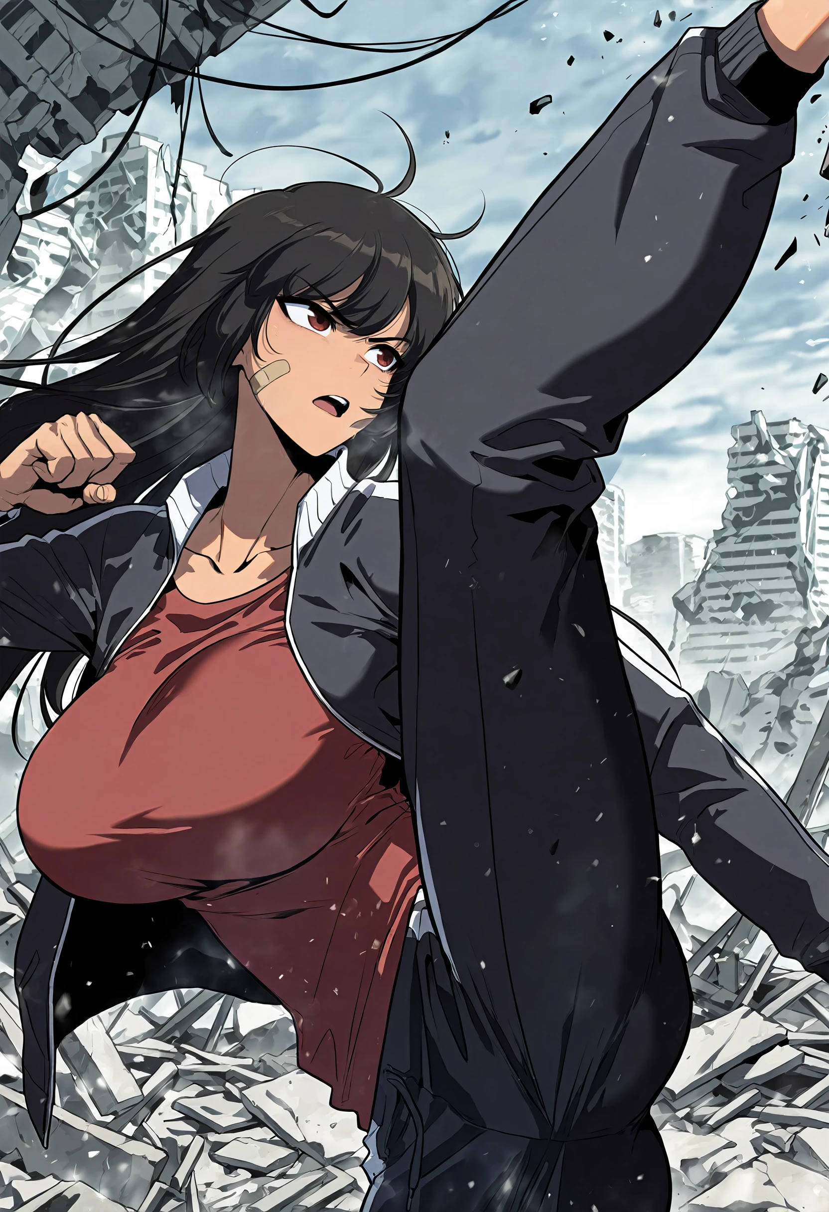 masterpiece, best quality, amazing quality, very aesthetic, absurdres, newest, scenery, 1girl, solo, huge breasts, serious, open mouth<lora:Yoo Yeonhwa illustxl:1.0> black hair, long hair, brown eyes, red eyes, bandaid on cheek, collarbone, track jacket, black jacket, long sleeves, red shirt, track pants, black pants, upper body, standing, spread legs, leg up, (kicking:1.1), ruins, outside, looking away, shiny skin, masterpiece, best quality, amazing quality, very aesthetic, absurdres, newest, scenery