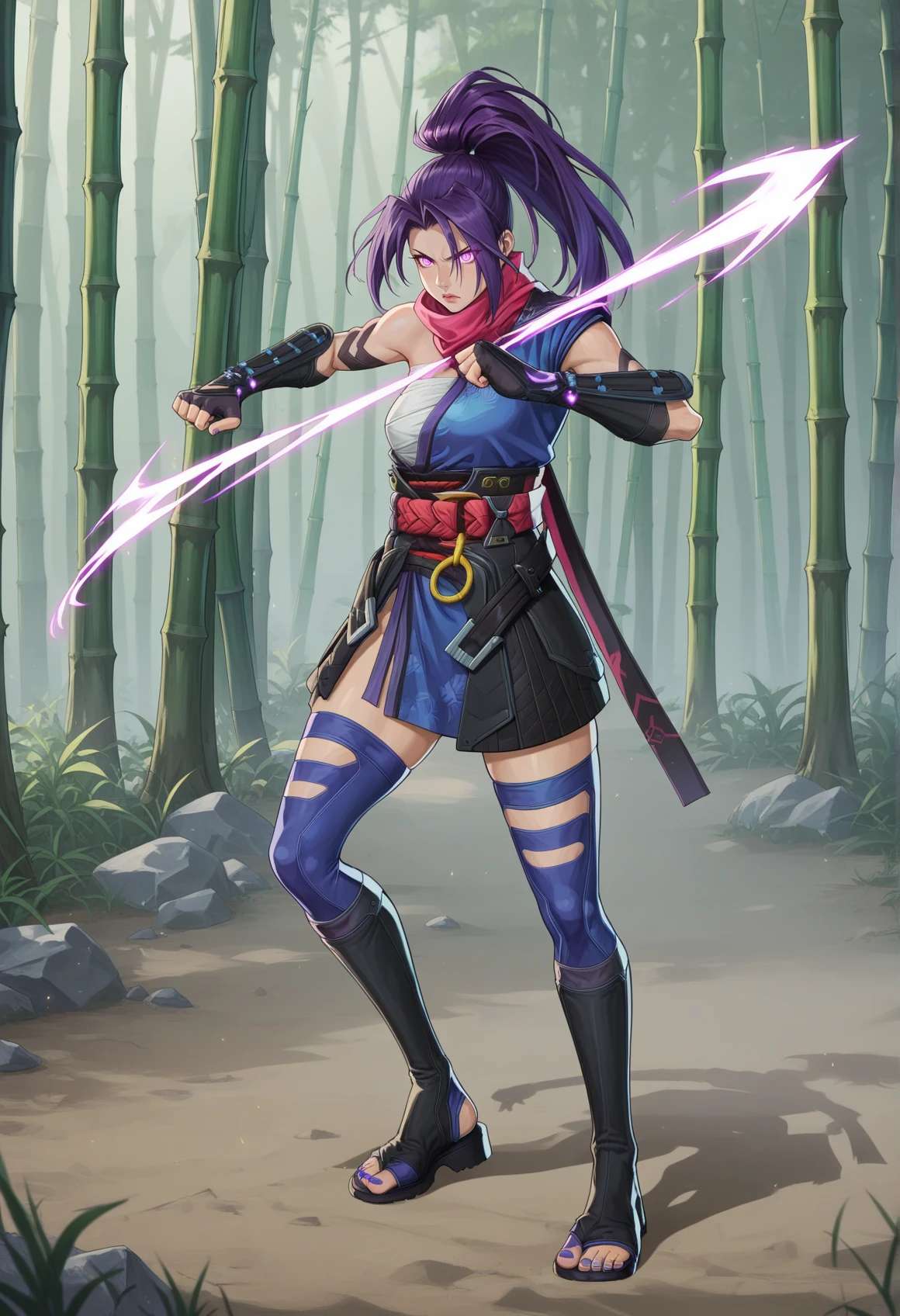 1girl, high ponytail, purple hair, purple eyes, glowing eyes, ninja, sleeveless, scarf, asymmetrical clothes, japanese clothes, chest sarashi, obi, o-ring, gauntlets, fingerless gloves, thighhighs, toeless footwear, tabi, full body, outdoors, bamboo forest,  fighting stance, <lora:Psylocke_Pony:0.8>, masterpiece, best quality, amazing quality, very aesthetic, absurdres, highres, newest