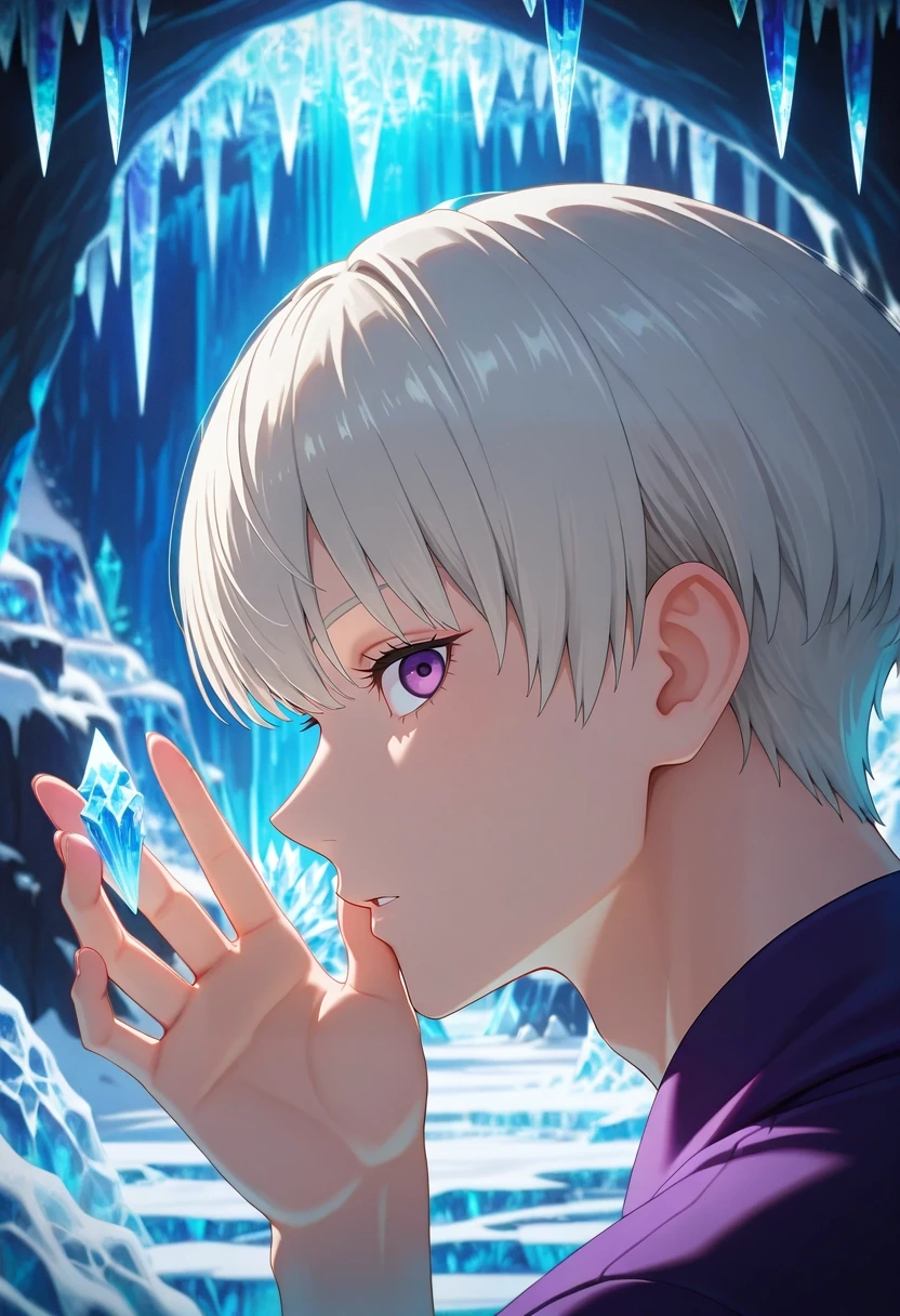 masterpiece, best quality, intricate details, (3d:0.4), looking at viewer, , 1boy, solo, male focus, <lora:toge_inumaki_ilxl:1>, toge_inumaki, white hair, purple eyes, short hair, bangs, hair between eyes, , ice cave, frozen waterfall, crystal formations, filtered light, touching ice, profile view, curious expression, chinos,