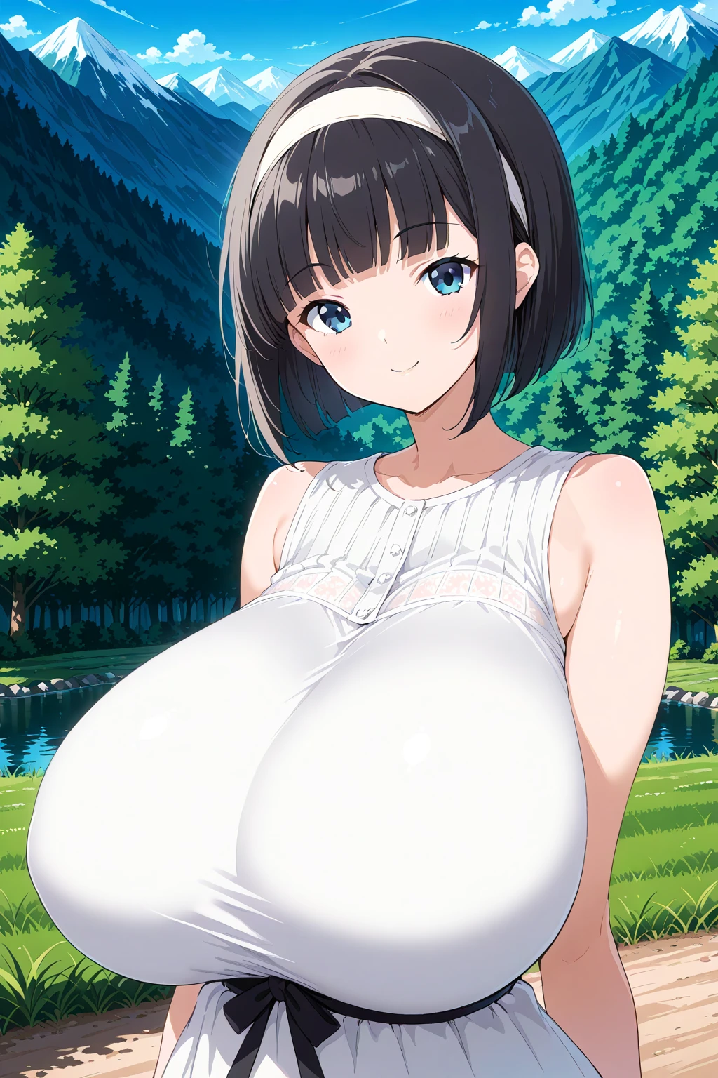 <lora:Tworship Illustrious:0.6>, sleeveless dress, huge breasts, smile, hairband, black hair, blunt bangs, blue eyes, bob cut, outdoors, nature, mountain, 1girl, solo