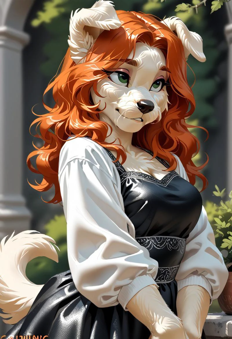 score_9, score_8_up, score_7_up, (by kittydee:1.5), (by jailbird:1.5), (by zummeng:1.5), masterpiece, best quality,   
(Furry Art: Anthro: Scottish Terrier:1.5), 1girl, expressive eyes, feminine eyes, perfect face, feminine face, scottish terrier, dog, canine, long face fur, pointy dog ears, long body fur, white fur, red hair, wavy hair, medium breasts, armored dress,