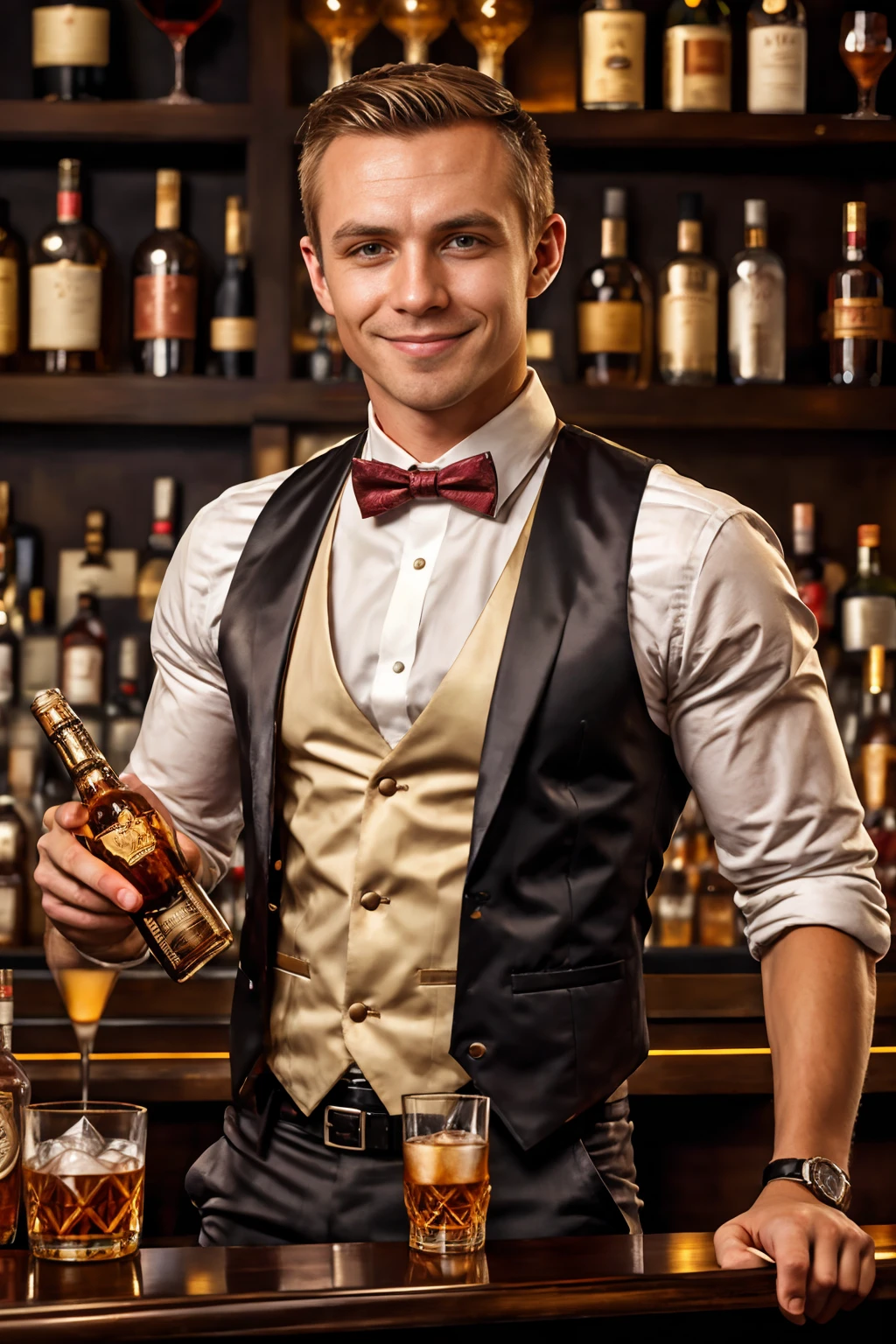 luxury hotel bar, shelves of alcohol bottles on wall, smiling, holding whiskey bottle, ZaneAnders, bartender, sexybartender, shirt, vest, pants, bowtie, ((medium body portrait))  <lora:ZaneAnders:0.8>   <lora:Clothing - Sexy Bartender_v1.1:0.5>