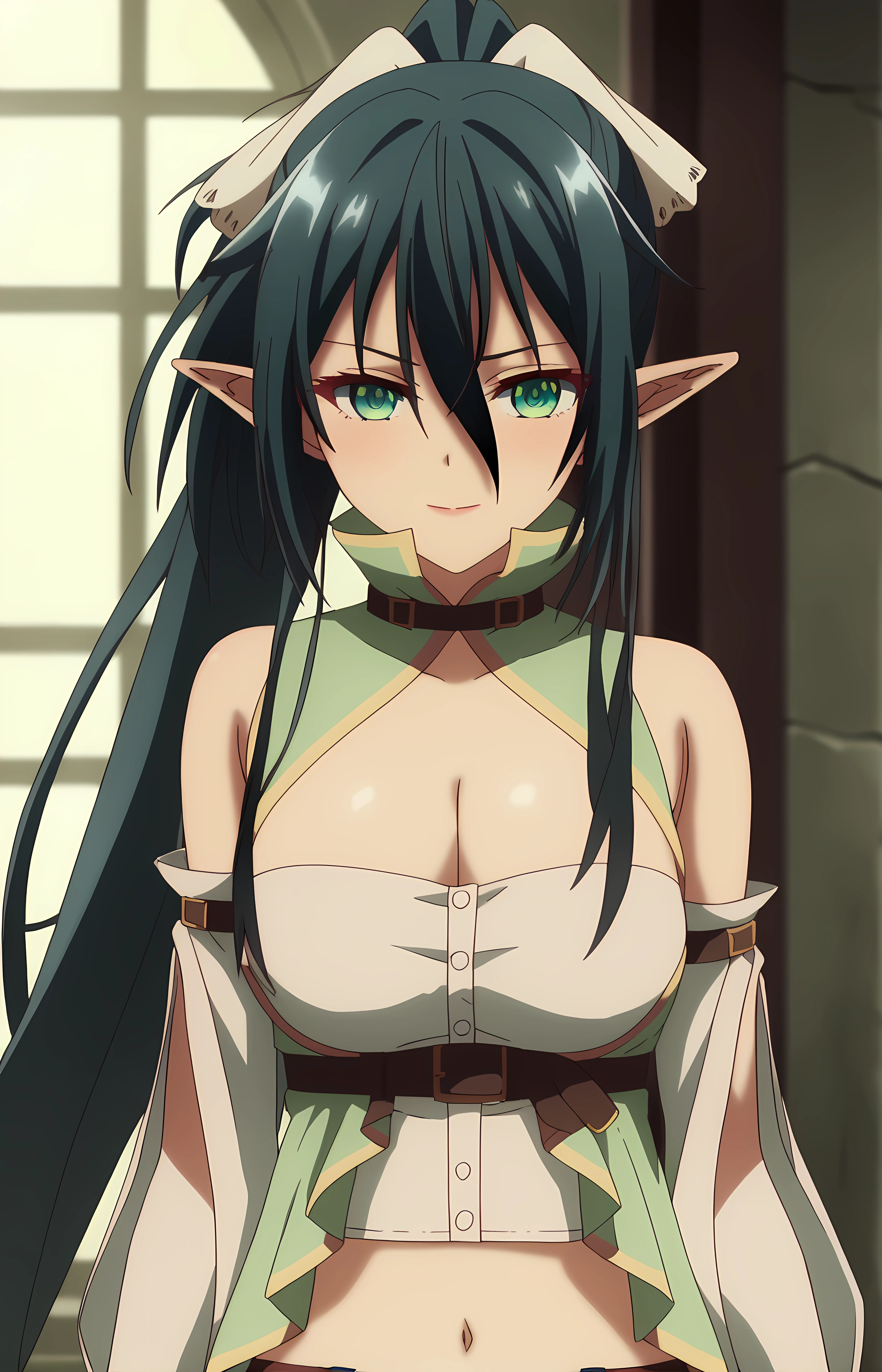 score_9, score_8_up, score_7_up, score_6_up, score_5_up, score_4_up, source_anime,looking at viewer, shiny skin, upper body, light smile, petite,ohwx, 1girl, long_hair, green_eyes, solo, pointy_ears, ponytail, elf, breasts, hair_between_eyes, black_hair, green_hair, cleavage, very_long_hair, thighhighs, medium_breasts, large_breasts, black_thighhighs, blue_hair,navel, shorts, cleavage, belt, midriff, brown_belt, bridal_gauntlets, detached_sleeves, crop_top, bare_shoulders, short_shorts, Japanese zen garden with carefully placed stones, minimalist and calm, soft natural lighting,<lora:arle_kirlesio_pony_sobsynapse-000003:1>