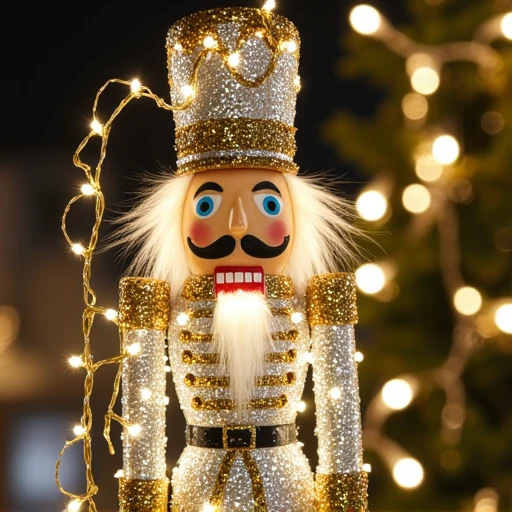 warm white fairy lights wrapped around it, and is adorned with a string of small, overgrown area. The toy soldier is adorned in a rich, with tall, sequined suit in shades of silver and gold, lights, and intricate embroidery. It has a detailed, and a large, round eyes