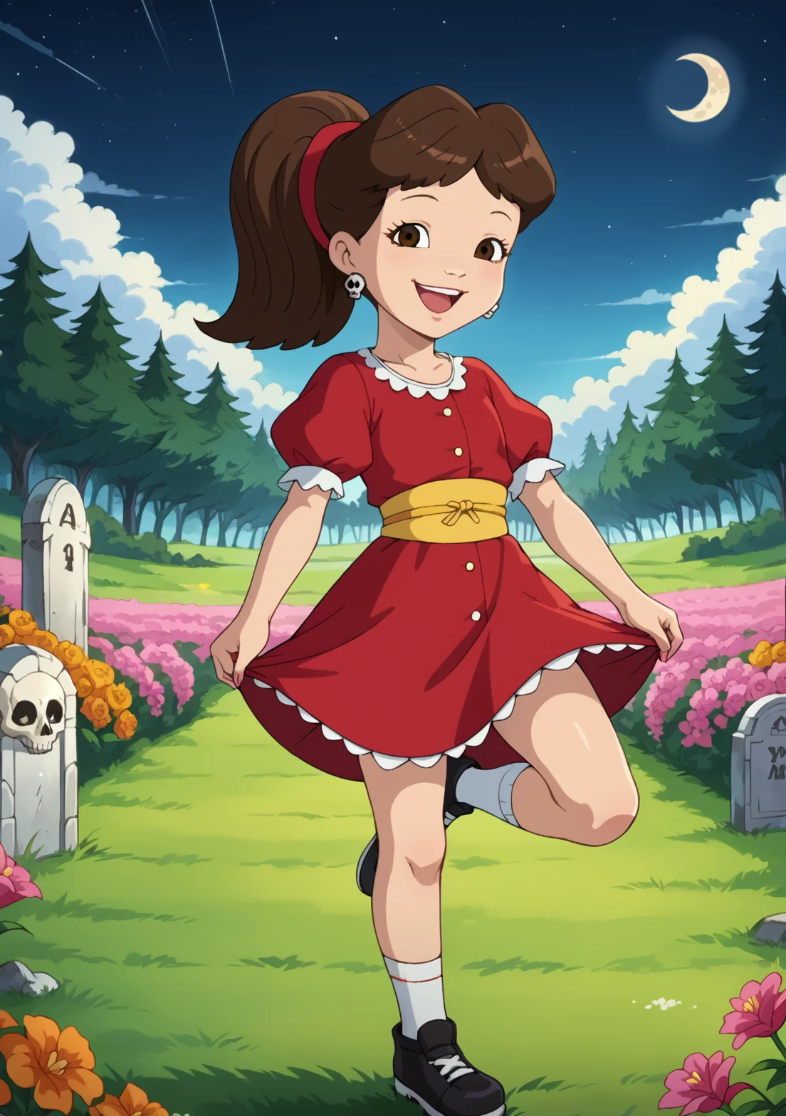 score_9, score_8_up, score_7_up, source_anime, Emmy_(Dragon Tales), 1girl, solo, Emmy, brown hair, ponytail, red hairband, brown eyes,  sugar skull earrings, red dress,  puffy sleeves, yellow sash, legs, smile, open mouth, looking at viewer,  jewelry,  looking at viewer,  solo focus, full body, cloud, marigold flower, night, moon,  candles, dia de muertos, mexico,  twirling,  motion lines, flowing hair, flower petals in the air, (standing on one leg, standing on flower field, pink flowers, white flowers, orange flowers), knee up, hands on skirt, upskirt, legs, kneesocks, skull painting face, trees, black fancy shoes, close up, black footwear, (graveyard:1.2)   <lora:EmmyDragonTales-000009:0.90> <lora:add-detail-xl:1>