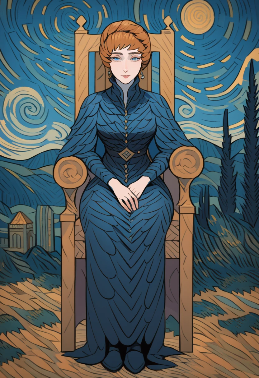 a woman sitting on a throne in the style of van gogh