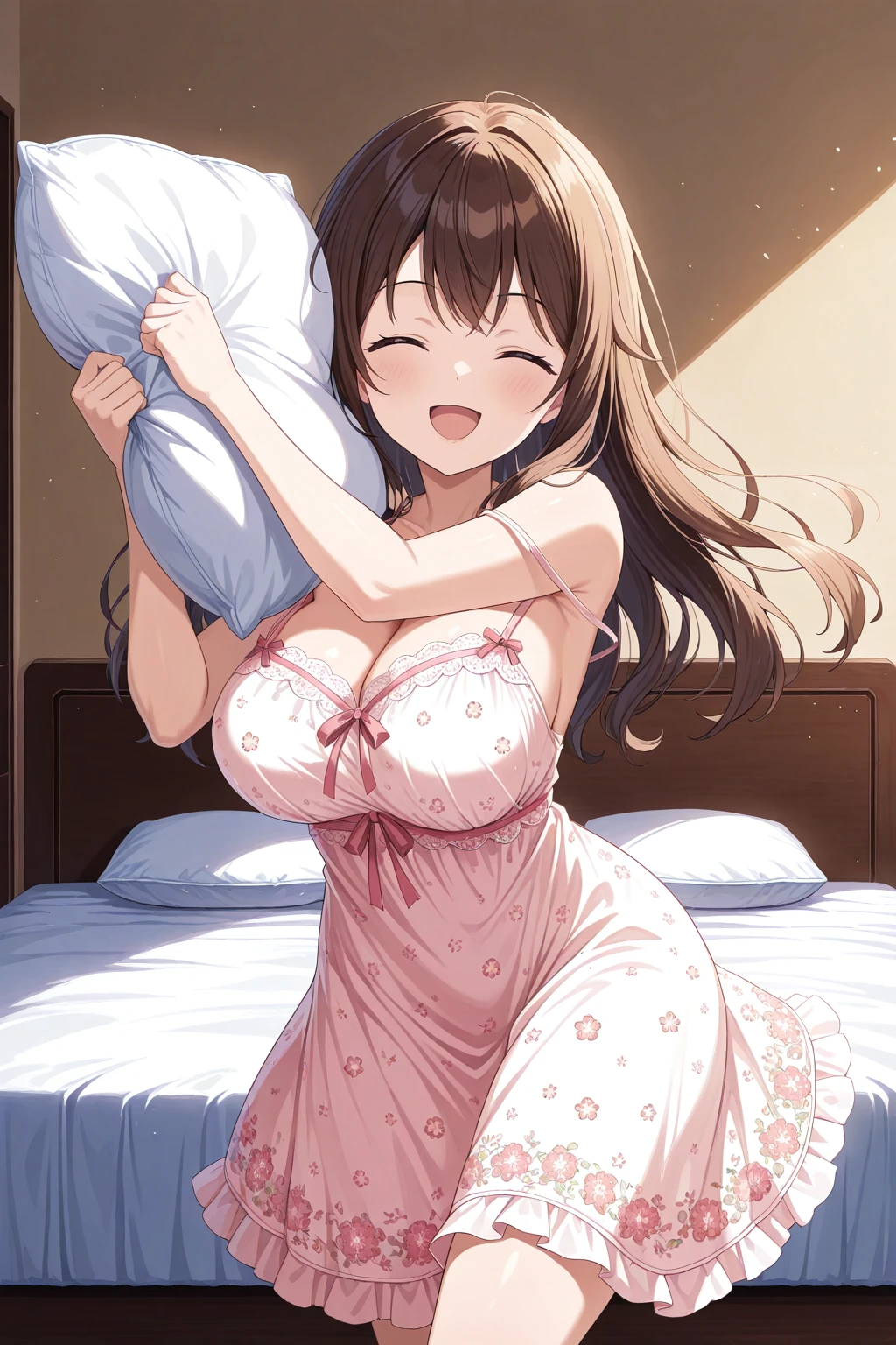 floral nightgown, <lora:Floral Nightgown Illustrious:0.6>, 1girl, :d, closed eyes, holding pillow, looking at viewer, bedroom, incoming attack, large breasts, long hair, strap slip, white pillow, batting stance, hands up