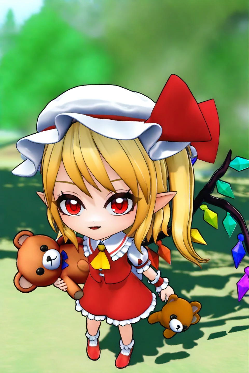 TFTstyle, chibi,3d,1girl, flandre scarlet, touhou, hat, mob cap, solo, blonde hair, stuffed toy, red vest, wings, stuffed animal, teddy bear, red eyes, crystal, vest, white headwear, outdoor, short sleeves, one side up, holding, puffy sleeves, skirt, shirt, pointy ears, red skirt, looking at viewer, puffy short sleeves, ascot, yellow ascot, wrist cuffs, white shirt, holding stuffed toy, bow, frills, red bow, collared shirt, ribbon, frilled shirt collar, red ribbon, medium hair masterpiece, best quality, very aesthetic, absurdres,<lora:TFTstyle-000020:1>