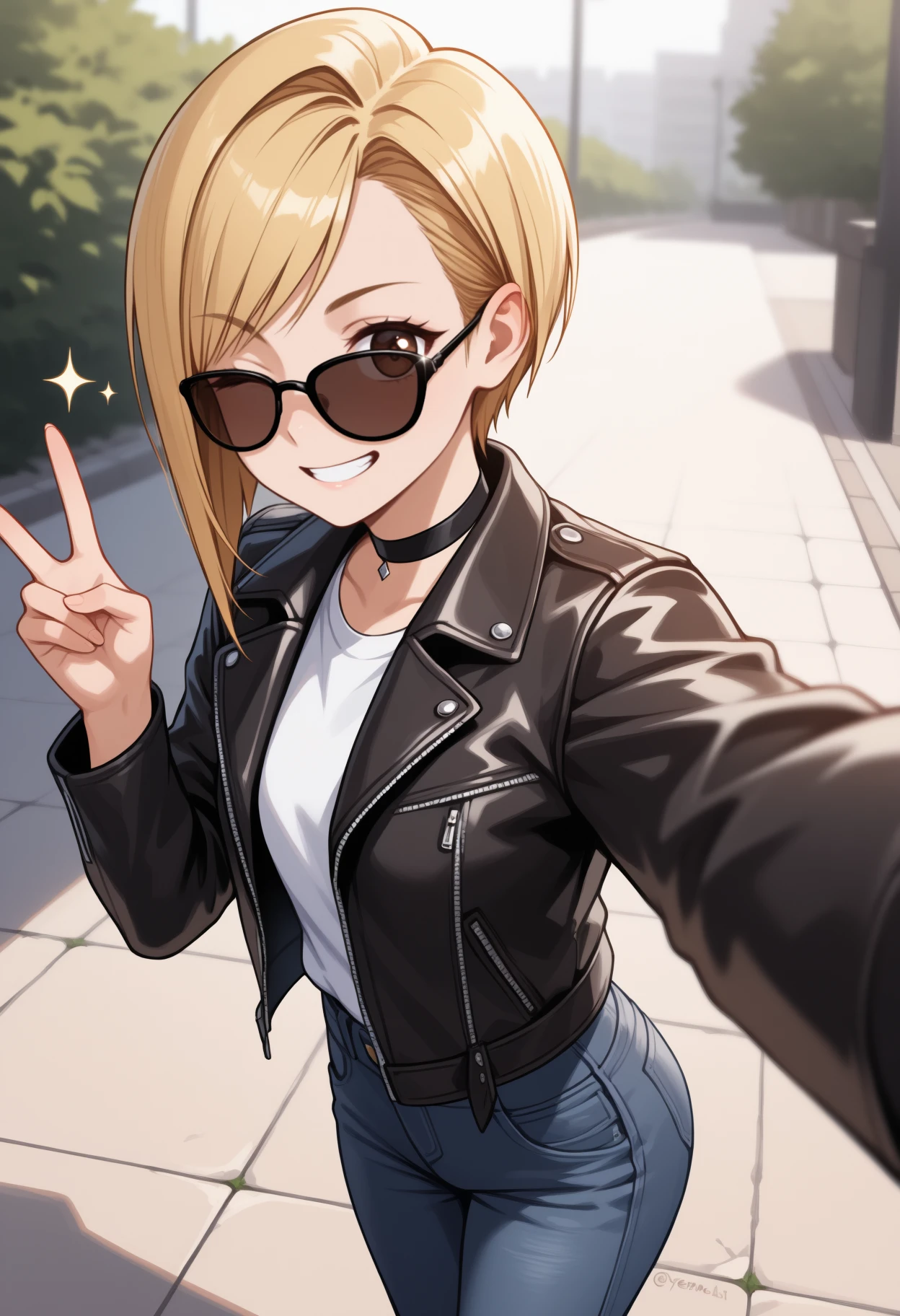 masterpiece, best quality, <break> solo, 1girl, yrena, grin, looking at viewer, standing, selfie, v, short hair, blonde hair, asymmetrical hair, swept bangs, brown eyes, one eye closed, sunglasses, black jacket, leather jacket, open jacket, long sleeves, white shirt, t-shirt, jeans, black choker, outdoors, sidewalk, sparkle
<segment:yolo-Anzhc Face seg 640 v2 y8n.pt,0.4,0.5//cid=1>