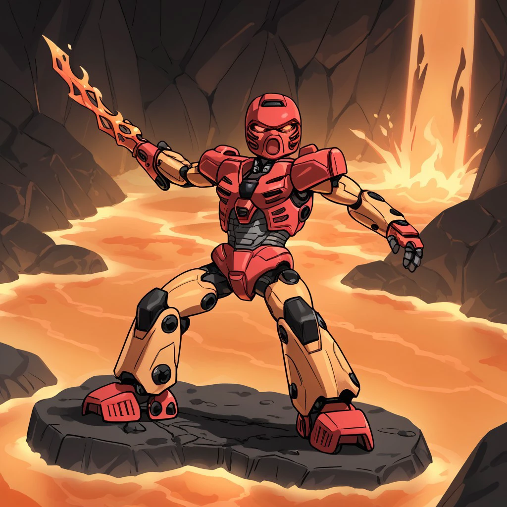 Toa Tahu, dynamic pose, mecha, lava surfing, lava, flame sword, action pose, full body view