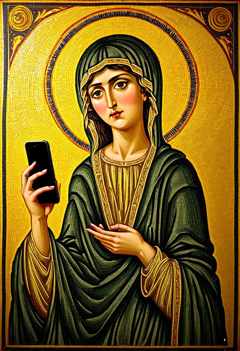 A golden byzantine style mosaic depicting a woman with a halo. She wears a dark gypsy robe and is looking on a mobile phone.