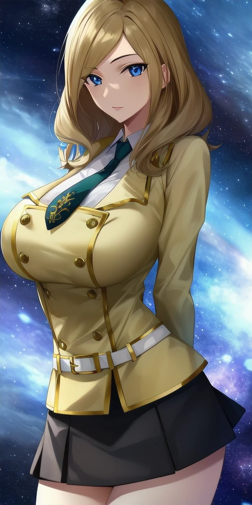 <lora:MillyV3:0.7> milly_ashford, huge_breasts, standing, solo, arms_behind_back, starry_sky, yellow_jacket_white_collared_shirt_green_necktie_green_skirt_belt, masterpiece, best_quality, detailed_face, detailed_eyes, highres, beautiful, detailed, absurdres,