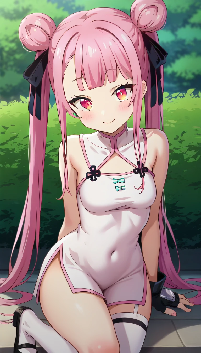 score_9,score_8_up,masterpiece,best quality,correct anatomy,anime_source,1girl,solo,perfect eyes,perfect arms,perfect legs,perfect face,outdoors,upper body,(portrait:1.5),looking at viewer,facing viewer,smile,blush,Tao Yuifa,very long hair,pink hair,double bun,twintails,hair ribbon,black ribbon,sidelocks,blunt bangs,pink eyes,bare shoulders,china dress,sleeveless dress,white dress,short dress,side slit,clothing cutout,fingerless gloves,black gloves,covered navel,pelvic curtain,small breasts,thighs,uneven legwear,single thighhigh,white thighhighs,garter straps,single sock,black footwear,<lora:Tao Yuifa(tsdnod)-Pony:1.6>,