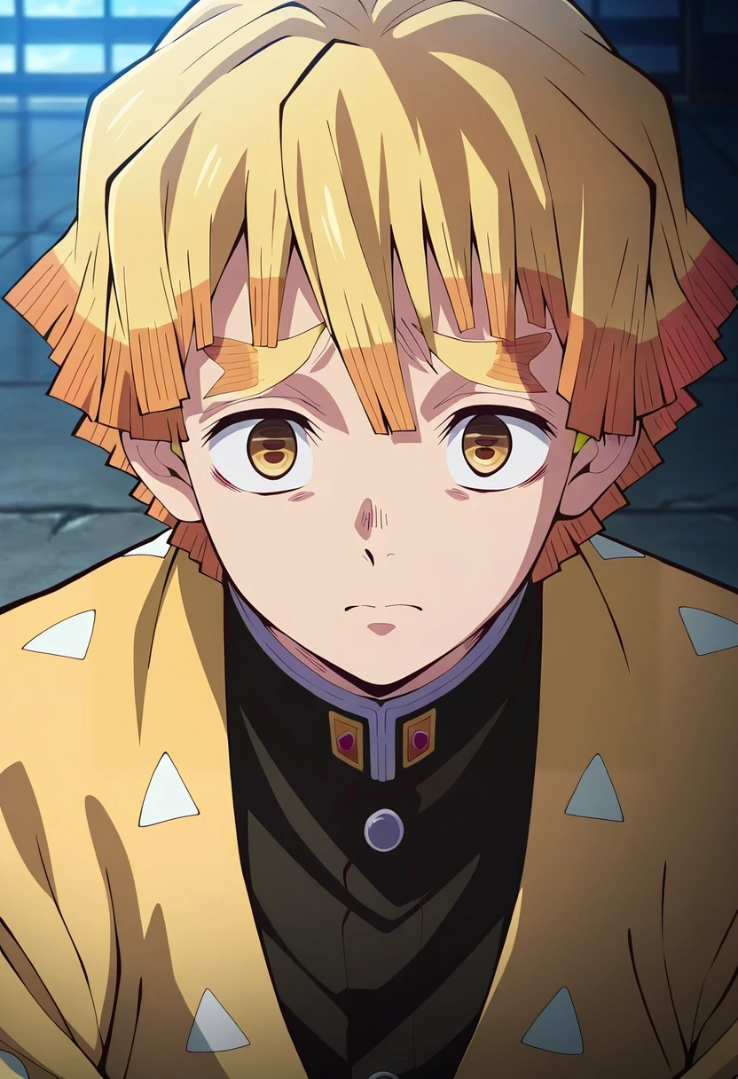 masterpiece, best quality, , anime screencap, anime coloring, , , , 1boy, solo, male focus, <lora:zenitsu_agatsuma_ilxl:1>, zenitsu_agatsuma, blonde hair, yellow eyes, short hair, bangs, ,