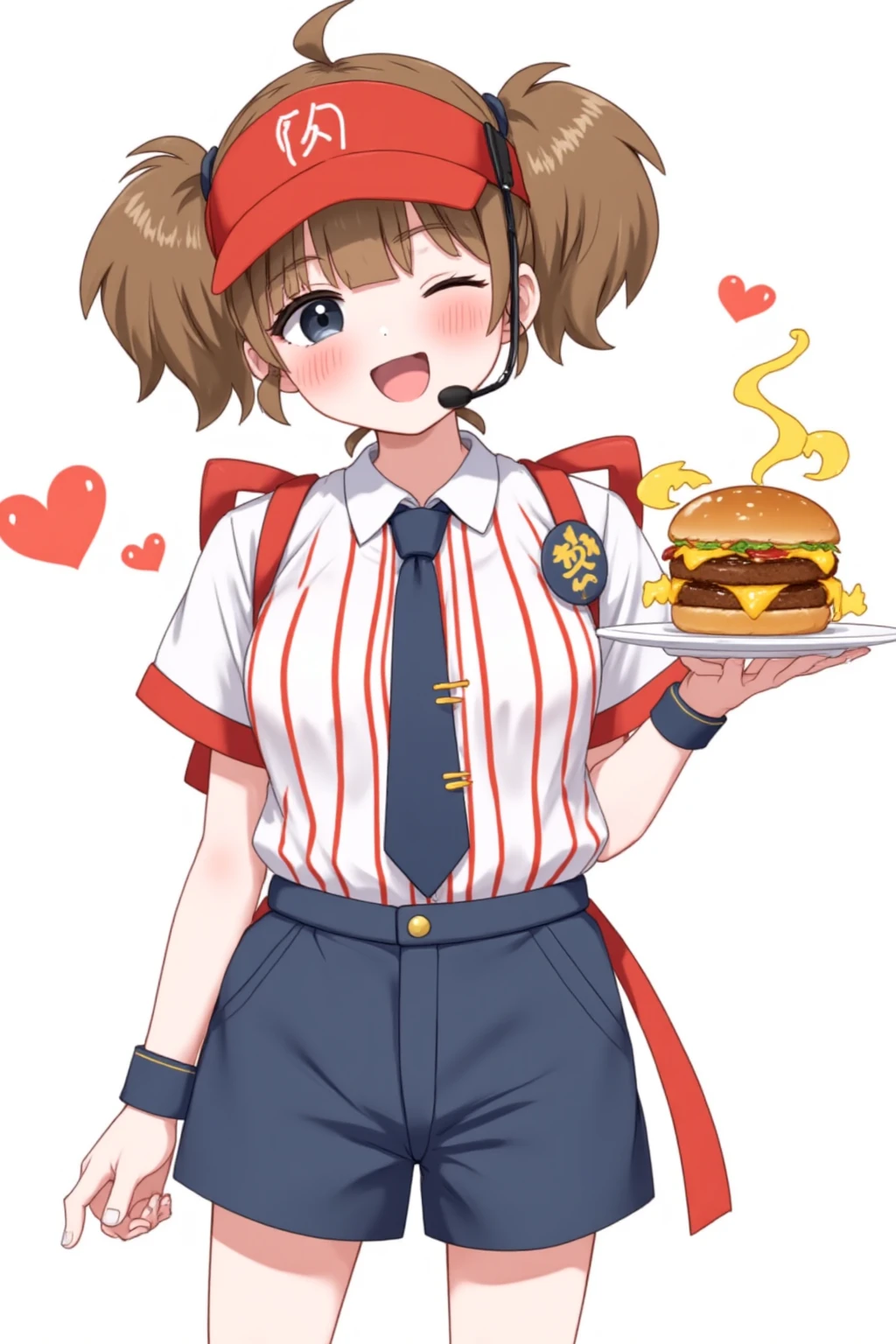 tabemi,vitamins, a girl in a school uniform holding a plate with a hamburger on it. She has a cheerful expression on her face and her hair is tied up in a ponytail. She is wearing a red and white striped shirt, blue shorts, and a red cap. The hamburger she is holding is a golden-brown color and looks freshly cooked.
