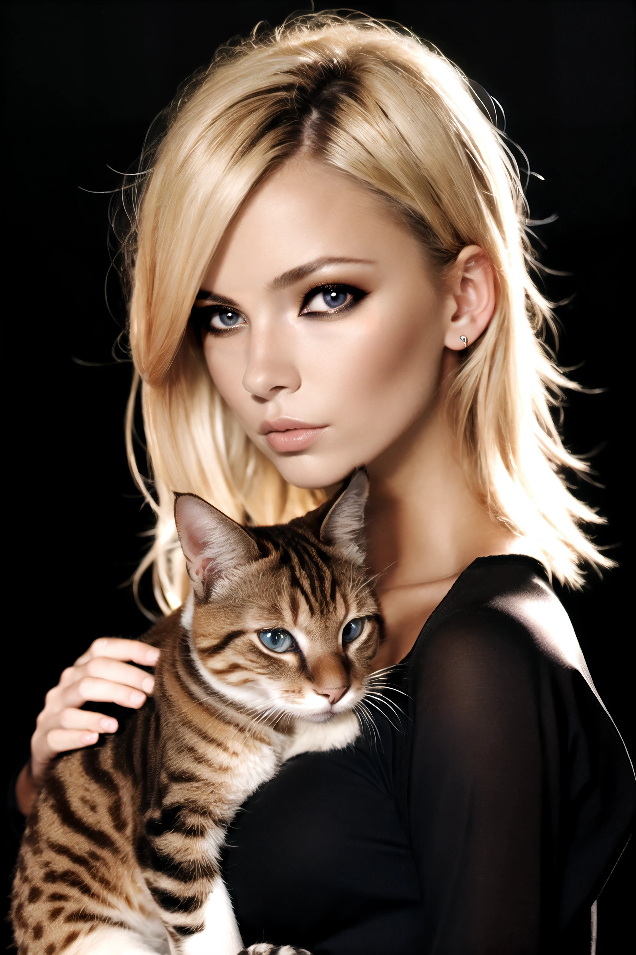 1girl, solo, looking at viewer, blonde hair, long sleeves, closed mouth, brown eyes, upper body, blurry, black background, holding, lips, blurry background, animal, cat, portrait, holding animal, <lora:Victoria_S_epoch_9:0.6>,