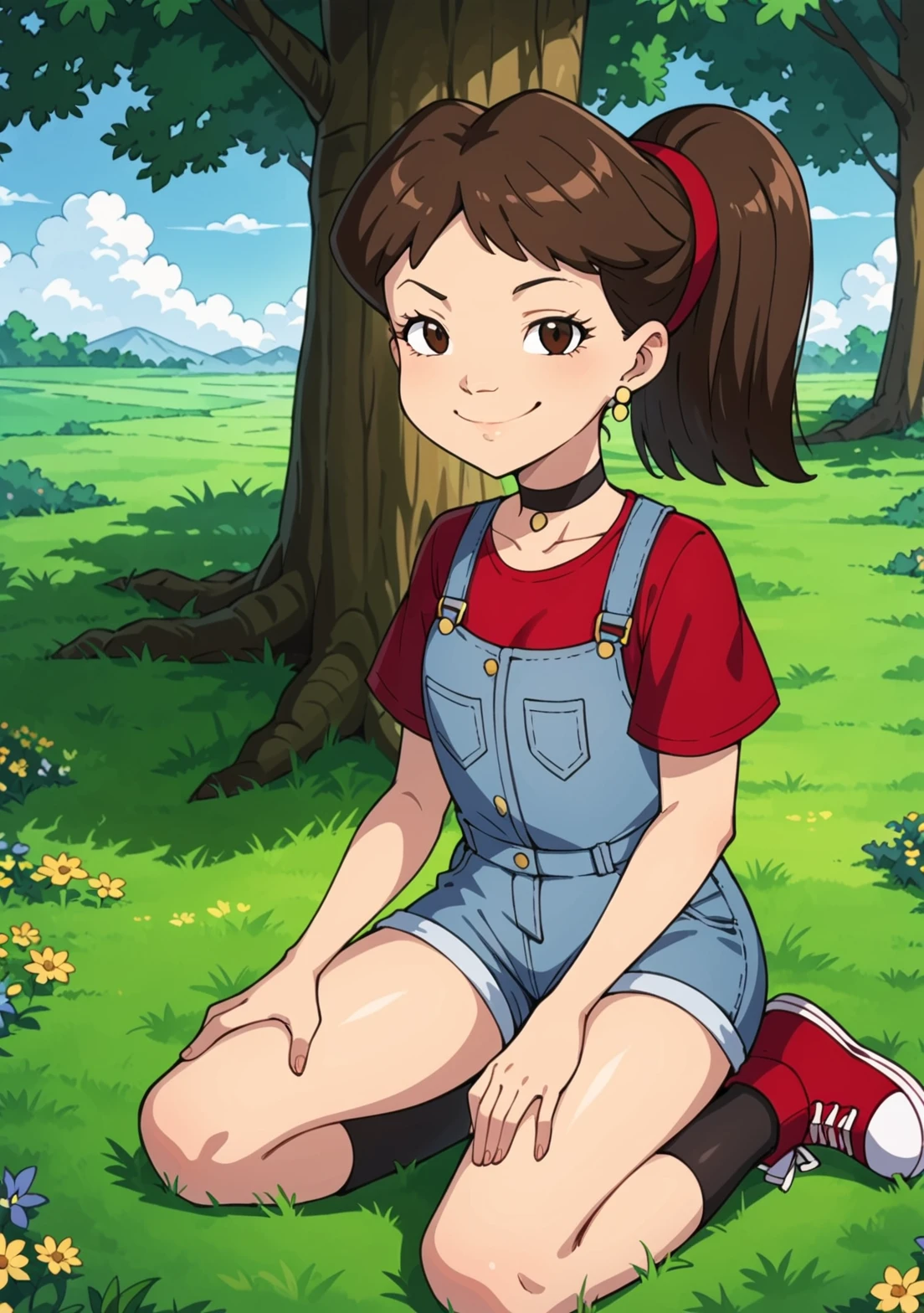 score_9, score_8_up, score_7_up, source_anime, BREAK, Emmy_(Dragon Tales), Emmy, 1girl, solo, brown hair, ponytail, red hairband, brown eyes, short sleeves, jewelry,  earrings, laying on grass, grass, flowers, looking at viewer, smug, smile, raised eyebrow, sky, full body, cloud, tree, hands on thighs, red footwear, red converse, shoes, solo, red shirt, black thighhighs, black choker,  1girl, overall shorts, overalls, legs, <lora:EmmyDragonTales-000009:1>