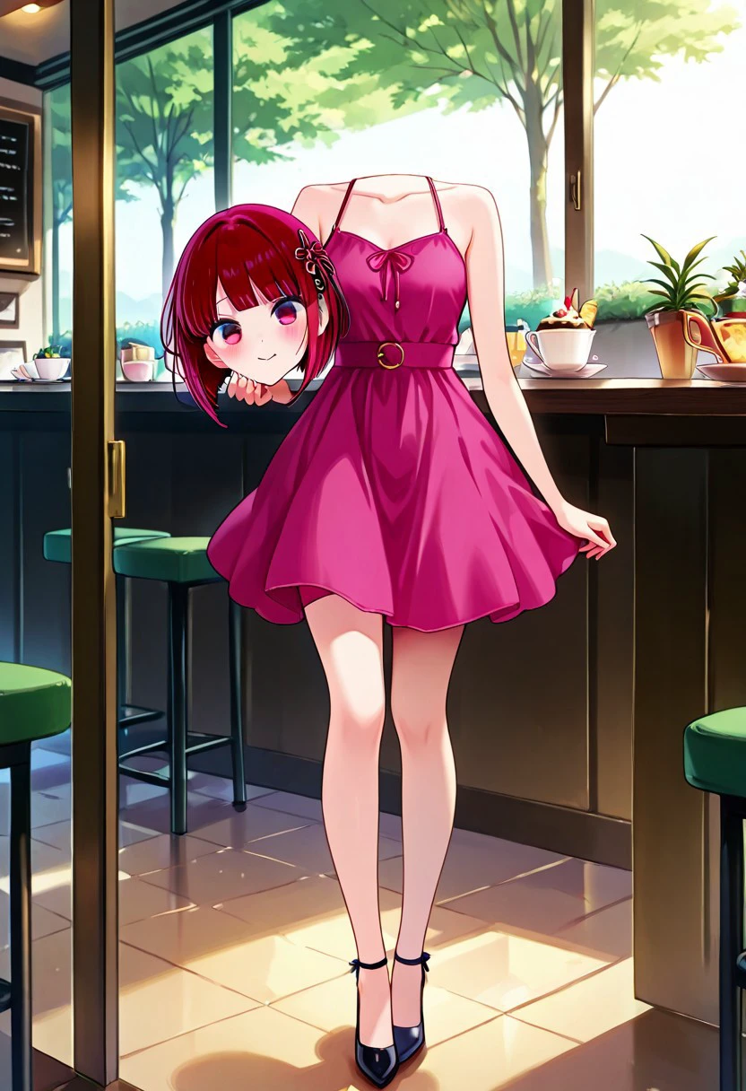 masterpiece, absurdres, novel illustration, 1girl, solo,
disembodied_head_smooth_shoulder, shoulderline covered, head aside,
BREAK
Arima kana, hair ornament, bikini dress, kawaii, playful, adorable, azatoi, cafe,
best quality, detailed, full body view