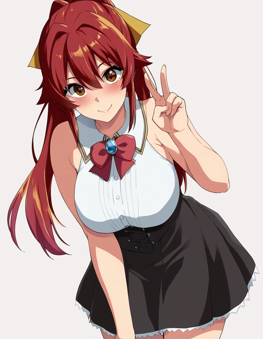 arika, 1girl,v, solo,red_hair, red hair, white background,, long hair, sleeveless, looking at viewer, blush, ponytail, bow, shirt, bare shoulders, smile, cowboy_shot, black_skirt, 