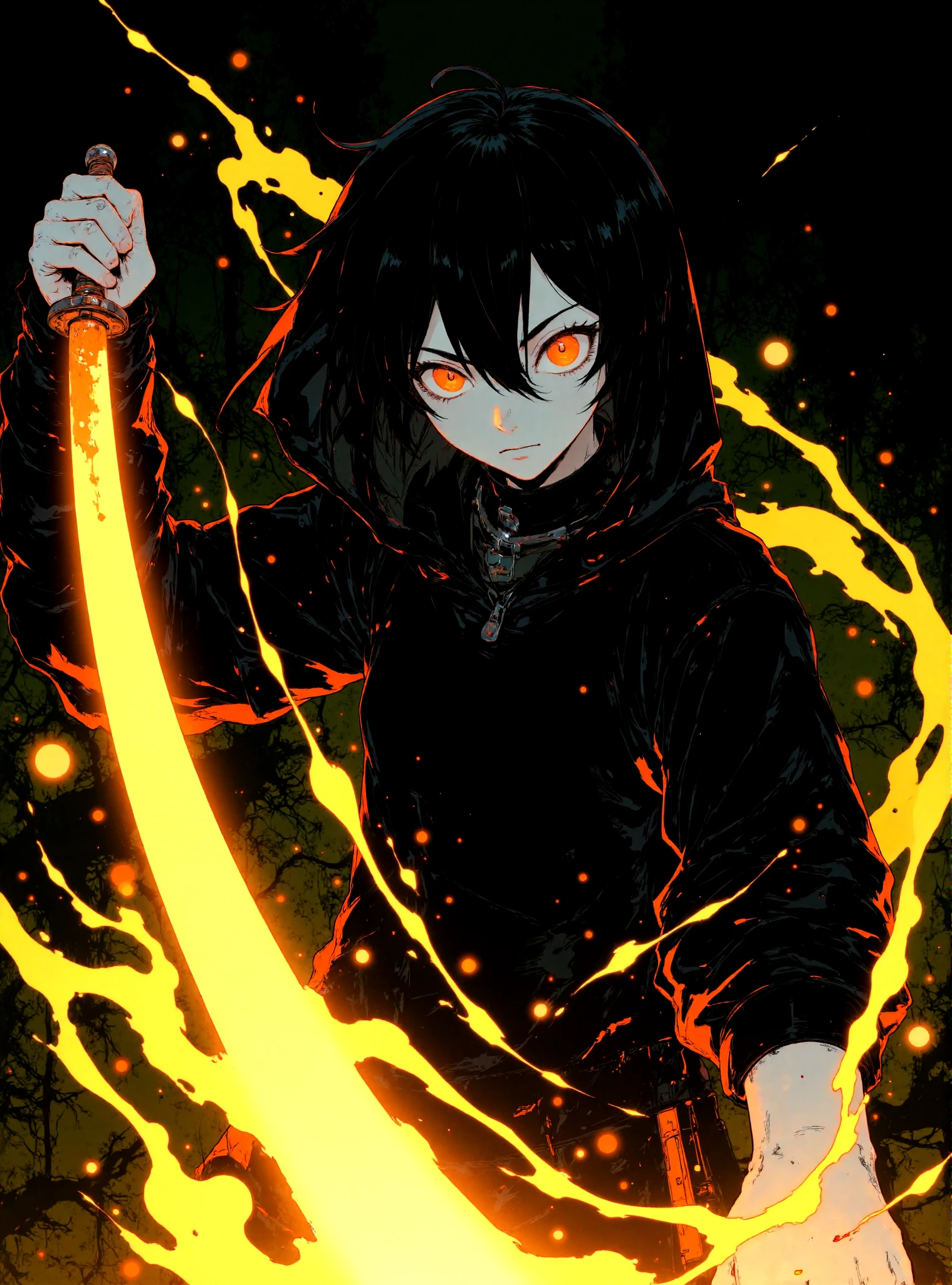 A dynamic and intense anime-style illustration featuring a determined character wielding a glowing yellow katana. The character has striking yellow eyes that emit a fierce and focused expression, contrasting against their dark hoodie and monochromatic attire. Abstract splashes of yellow and white energy swirl around, creating a sense of motion and raw power. The overall composition is dramatic, with sharp, angular lines and bold contrasts between the dark background and the vivid yellow and white accents. The style is inspired by high-energy action scenes in manga or anime, with an emphasis on minimalistic colors and a high-impact, modern aesthetic. The atmosphere is dark, electrifying, and filled with a sense of impending action.
 <lora:Let_It_Blaze_in_Crimson:1>