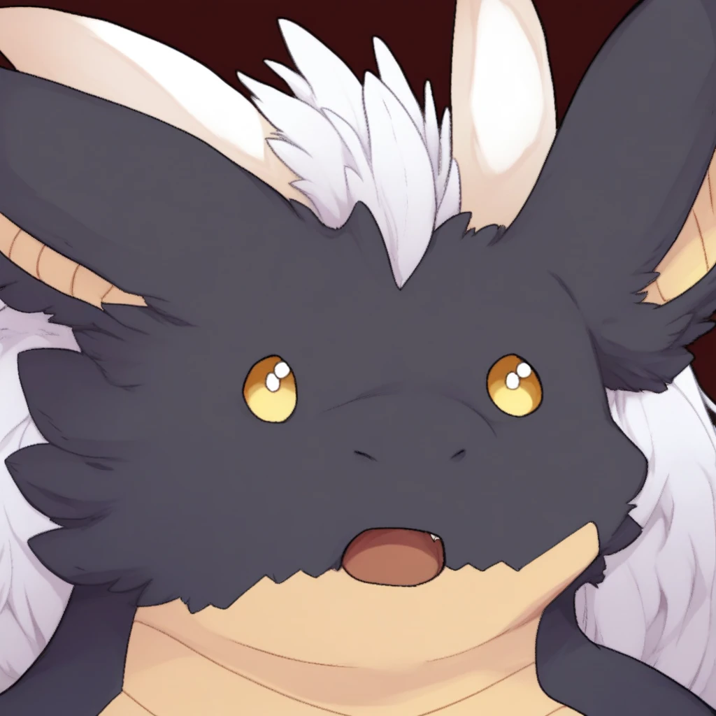 score_9, mikus-concept, eyes dot, open mouth, upper body, dragon, furry, yellow eyes, white horns, white hair, black fur