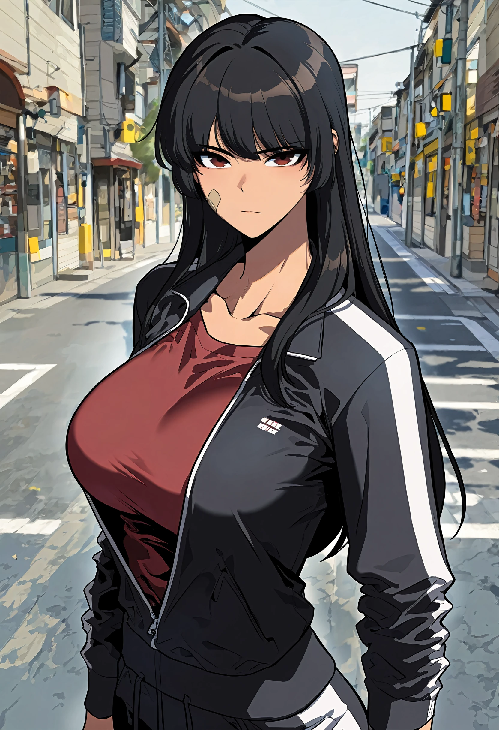 masterpiece, best quality, amazing quality, very aesthetic, absurdres, newest, scenery, 1girl, solo, huge breasts, <lora:Yoo Yeonhwa illustxl:1.0> black hair, long hair, brown eyes, red eyes, bandaid on cheek, collarbone, track jacket, black jacket, long sleeves, red shirt, track pants, black pants, upper body, standing, street, outside, looking at viewer, shiny skin, masterpiece, best quality, amazing quality, very aesthetic, absurdres, newest, scenery