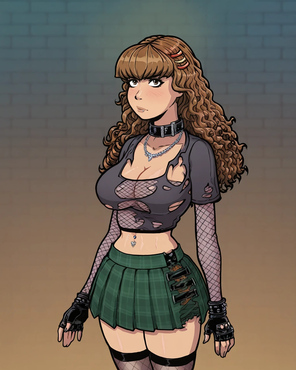 absurdres, high quality, masterpiece, very awa, Akaburstyle, 1girl, solo, long hair, breasts, looking at viewer, blush, skirt, large breasts, brown hair, shirt, hair ornament, thighhighs, gloves, navel, cleavage, brown eyes, jewelry, cowboy shot, pleated skirt, choker, midriff, fingerless gloves, necklace, collar, crop top, torn clothes, plaid, tattoo, plaid skirt, piercing, green skirt, fishnets, navel piercing, torn shirt, gothic, Hermione Granger, brick wall background <lora:Akabur_IllustriousV1:0.90>