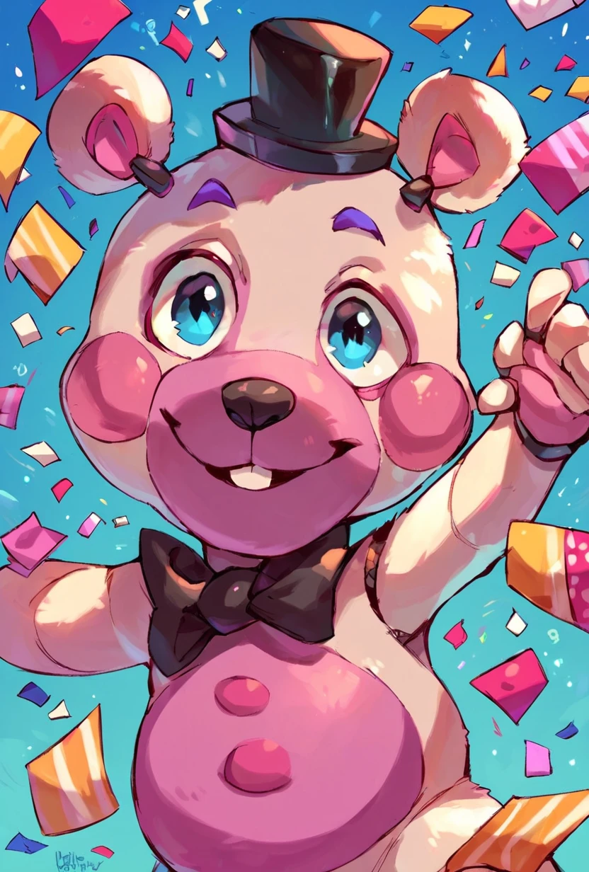 score_9, score_8_up, score_7_up,,  good quality ,, character focus, solo, , best quality , simple,   <lora:helpi-10:1> helpi, solo, top hat, bowtie, animal ears, mini hat, furry, pink belly.  teddy, posing,  blue background, confetti, birthday cake