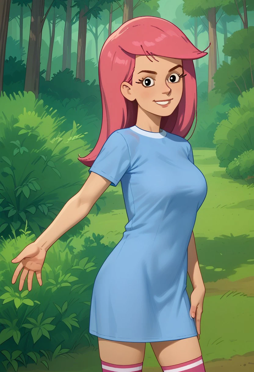 score_8, score_9, 1girl, olya, prostokvashino, soli focus milf, woman, sexy, busty, perky tits, pink hair, long hair, blue dress, short sleeves, white footwear, pink socks, eyelashes, black eyes, snub nosed, smirking smile, bedroom eyes, well drawn, detailed, masterpiece, perfect face, perfect hands, outdoors, forest, bushes, standing pose, sexy pose, looking at viewer, seductive, attractive,