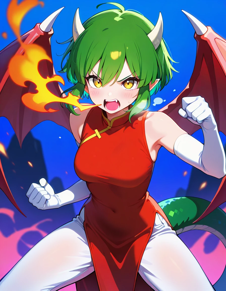 <lora:Pdoraco_SDXL_Illustrious01_fp16_ver02:1>,PdoracoR, 1girl,green hair, horns, red dragon wings,green dragon tail,yellow eyes,green hair,short hair,red china dress, white elbow gloves, white pants,breathing fire,angry, <lora:HairintakesEraser_v01_illustrious_10steps:2>, masterpiece, best quality, very aesthetic, absurdres,<lora:detailed_hands:1>,hand