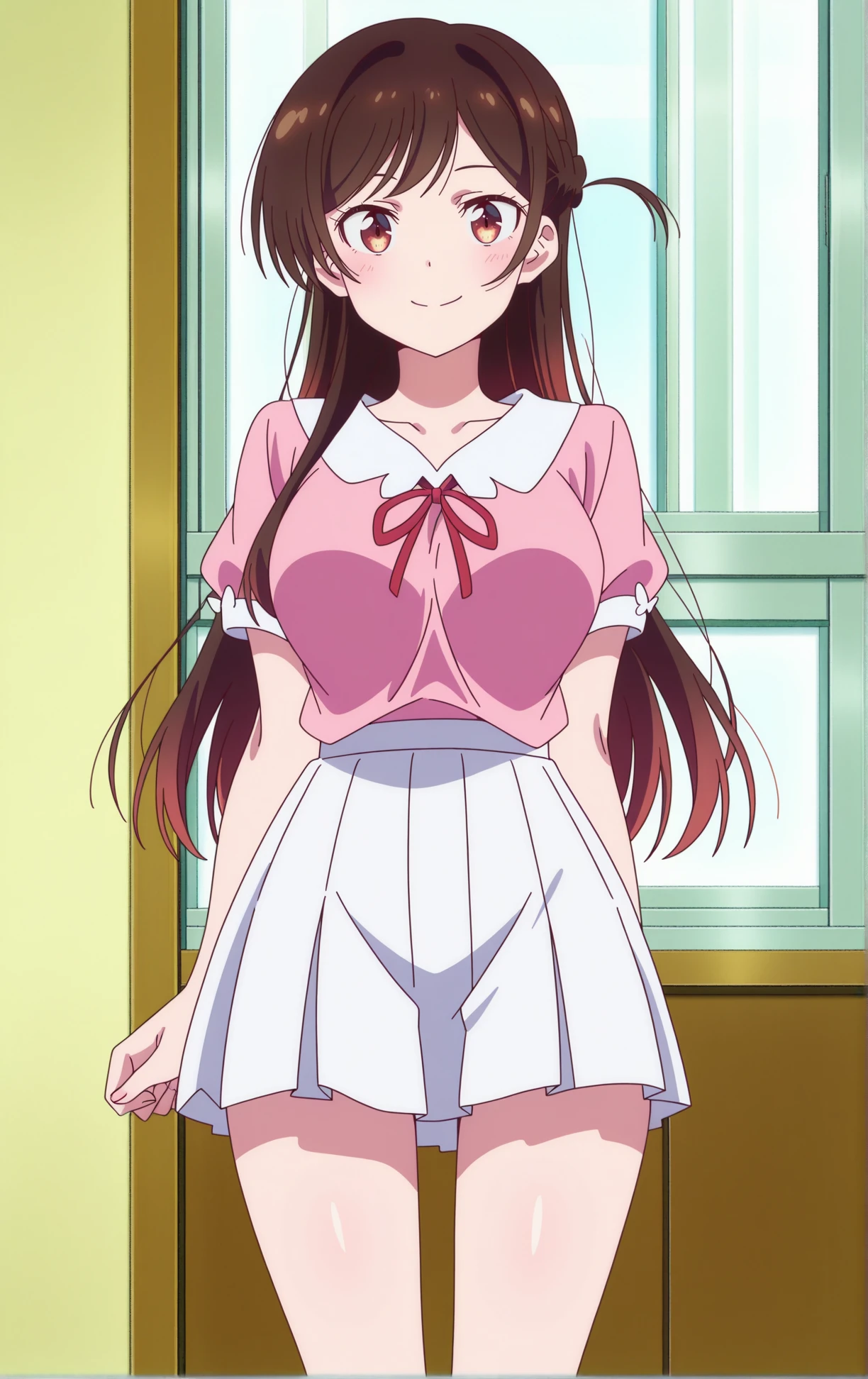 masterpiece, detailed face, best quality, very aesthetic, absurdres, best quality, year 2023,indoors, anime screencap, large breasts,
<lora:Chizuru_Ichinose:0.9>, Chizuru Ichinose, brown hair, brown eyes, long hair, braid,
mizuhara chizuru, 1girl, braid, brown hair, closed mouth, long hair, looking at viewer, miniskirt, neck ribbon, one side up, pink shirt, pleated skirt, red ribbon, ribbon, shirt, short sleeves, skirt, smile, solo, standing, white skirt,
shiny skin, anime coloring, uncensored, anime screencap,