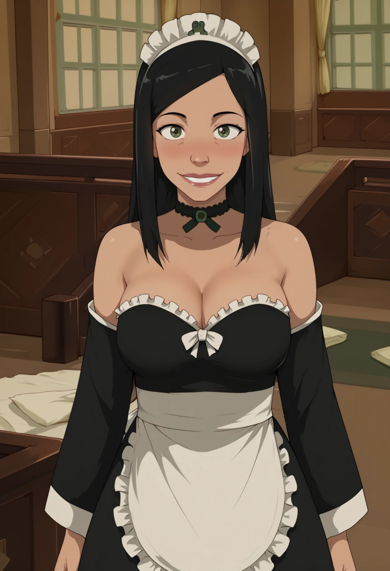 score_9, score_8_up, score_7_up, score_6_up, score_5_up, <lora:NM_JooDee_atla:1>, BREAK NM_JooDee_atla, 1girl, solo, breasts, black hair, maid, maid headdress, duster, choker, cleavage, dark-skinned female, dark skin, long hair, smile, bare shoulders, detached sleeves, strapless, large breasts, strapless dress, blush, apron