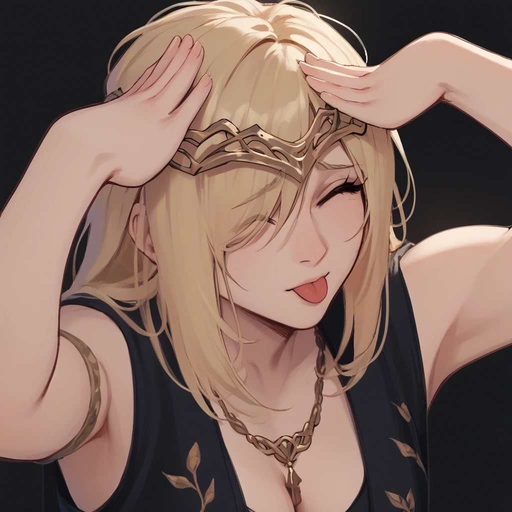 1girl, solo, ermarika, blonde hair, circlet, necklace, cleavage, hair over one eye, black dress, sleeveless, ahetoblehmeme, closed eyes, tongue out, hands on own head, simple background <lora:ER_Marika-PONY:0.8> <lora:AhEtoBlehMeme_pdxl_Incrs_v1:1>, score_8_up, score_7_up, score_6_up, score_5_up, score_4_up,