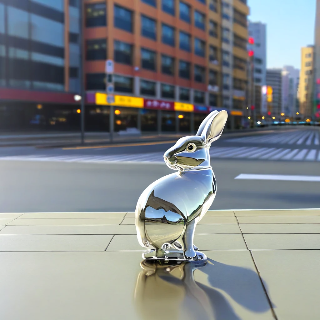 glass rabbit, solo, outdoors, solo_focus, blurry, no_humans, depth_of_field, blurry_background, building, reflection, photorealistic, cityscape, realistic, transparent, photo_background, reflective_floor, crosswalk, real_world_location,  <lora:Crystal_ornament_IL_v1:0.5>