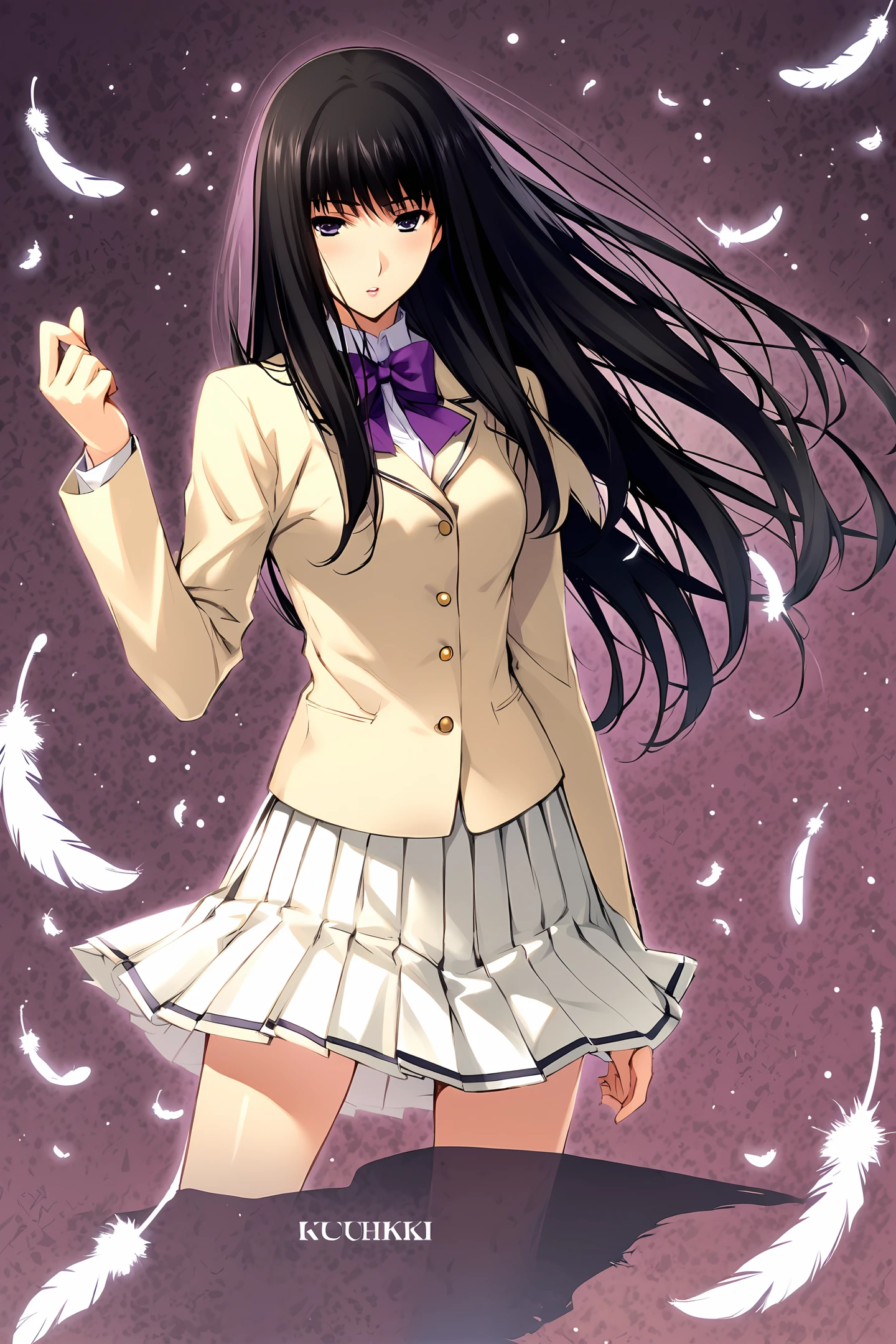 Kuchiki Touko,1girl,solo,black hair,long hair,feathers,white skirt,white school uniform,blazer,jacket,pleated skirt,purple bow,standing,
<lora:Sugina Miki_XL:0.8>,