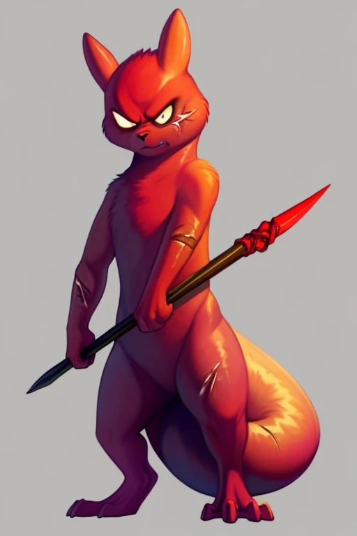 a beautiful and detailed ((slugcat)), ((tail)),  honovy hioshiru foxovh, standing, looking at viewer,red body, ((white eyes)),solo, black spear,holding spear, weapon,simple background,(body scars),angry, eye scar
<lora:slugcatv1.1:1>, scug